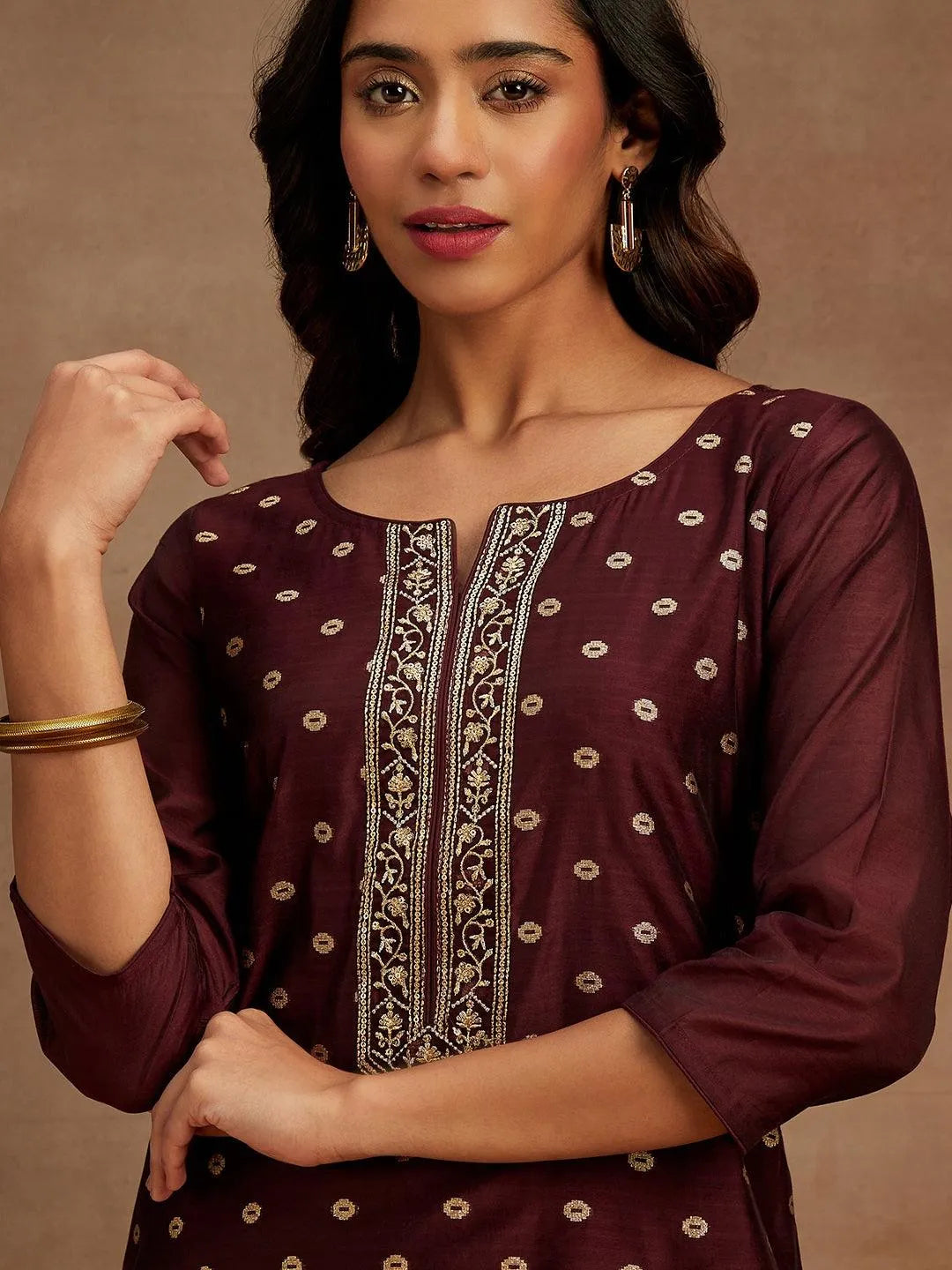 Anouk Wine Woven Design Chanderi Silk Straight Kurta