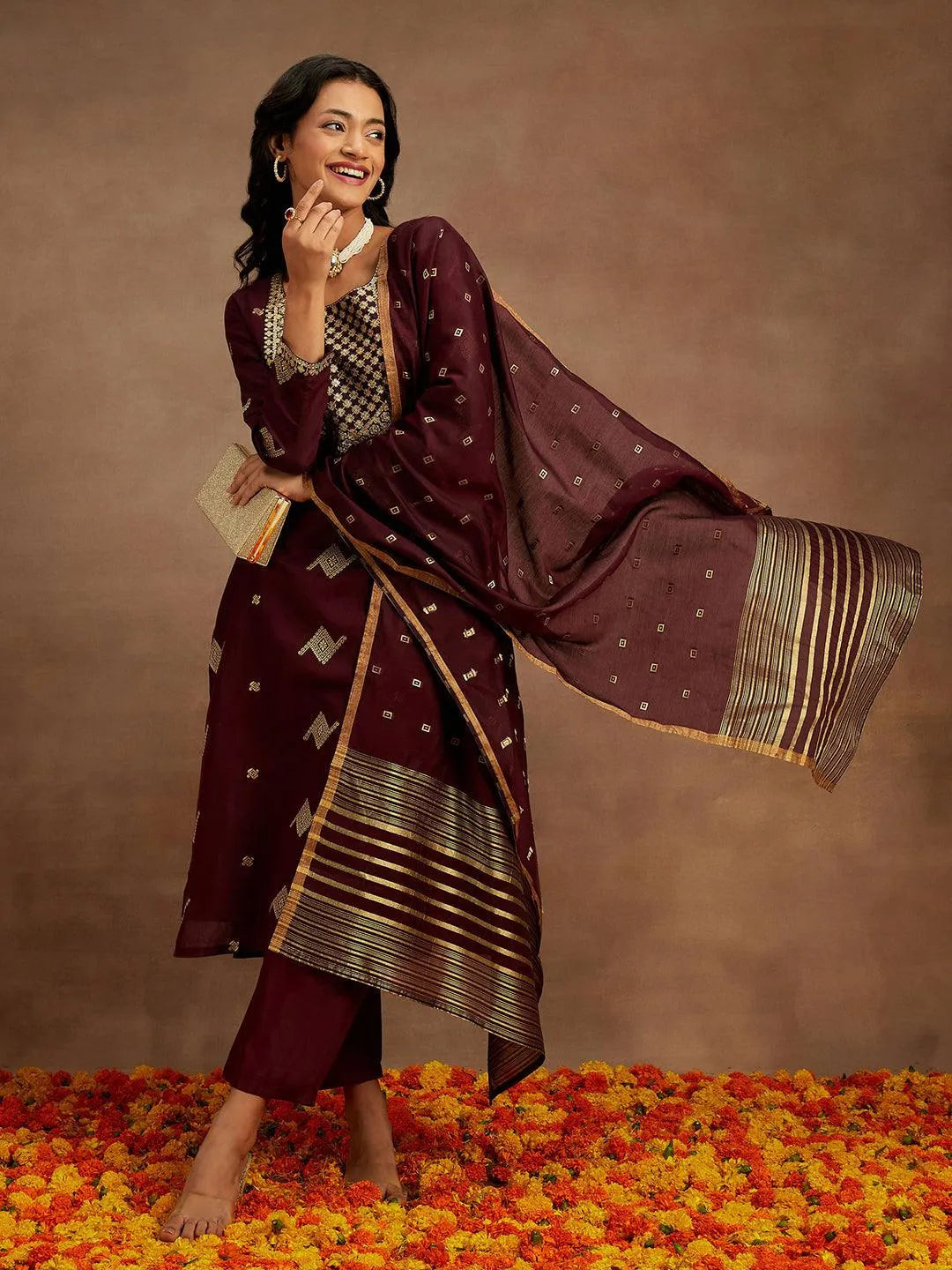 Anouk Wine Woven Design Chanderi Silk Straight Suit With Dupatta