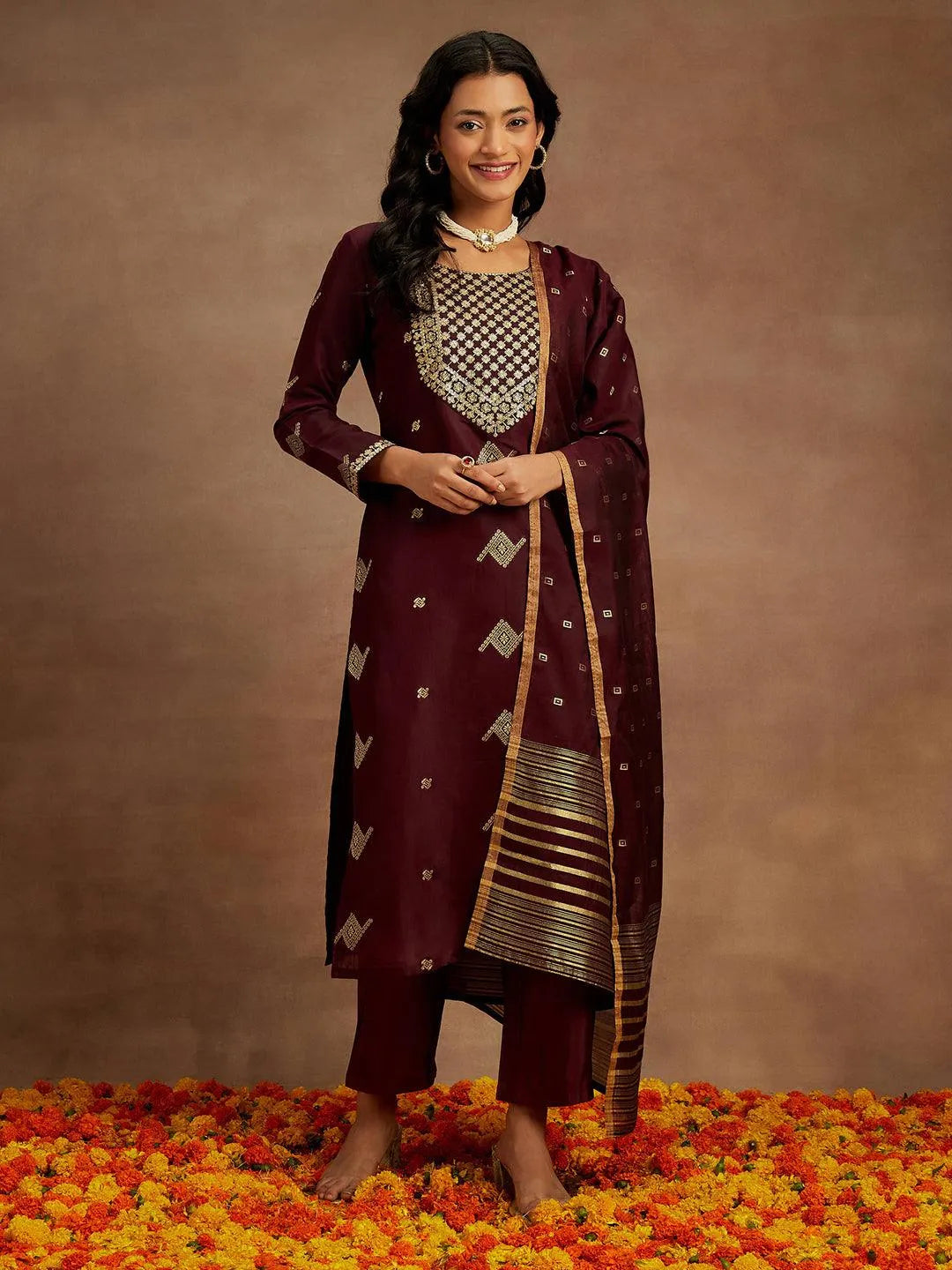 Anouk Wine Woven Design Chanderi Silk Straight Suit With Dupatta