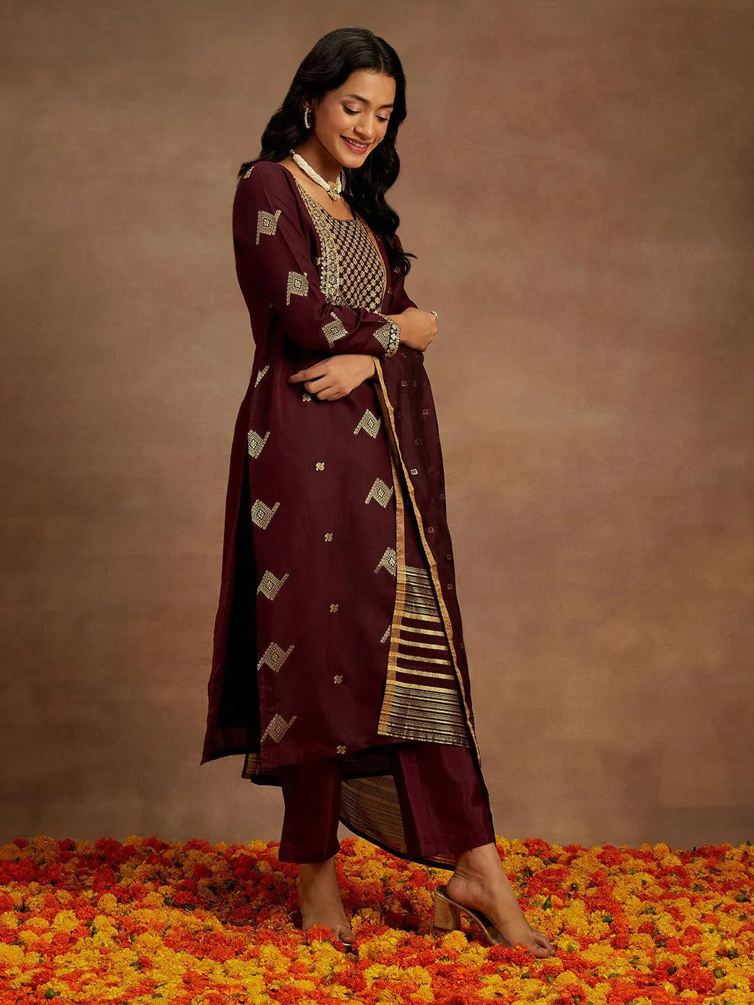 Anouk Wine Woven Design Chanderi Silk Straight Suit With Dupatta