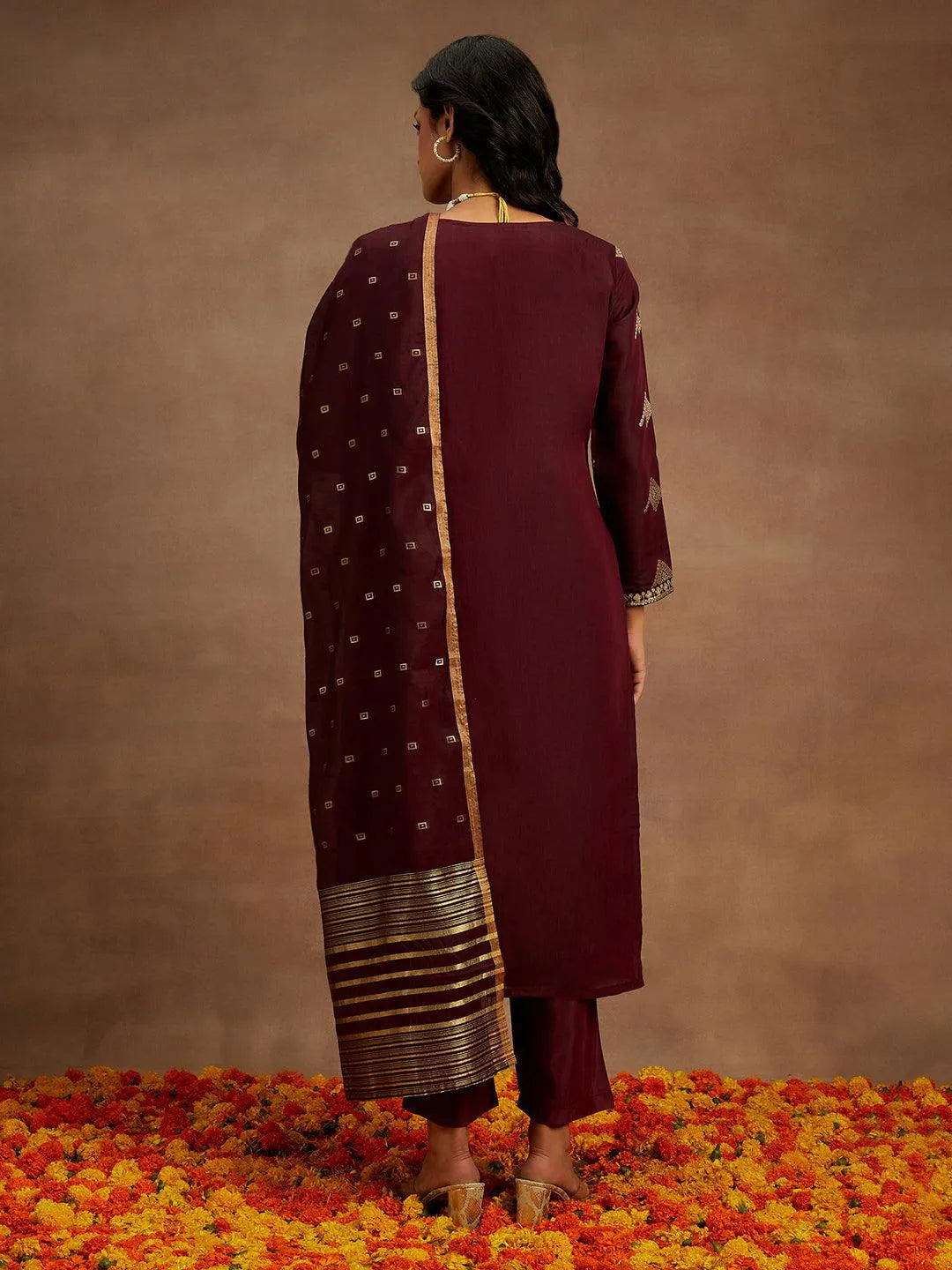 Anouk Wine Woven Design Chanderi Silk Straight Suit With Dupatta