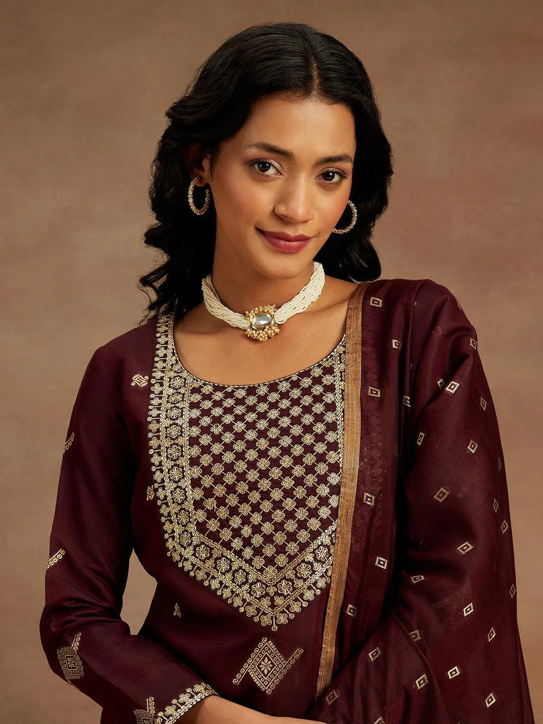 Anouk Wine Woven Design Chanderi Silk Straight Suit With Dupatta
