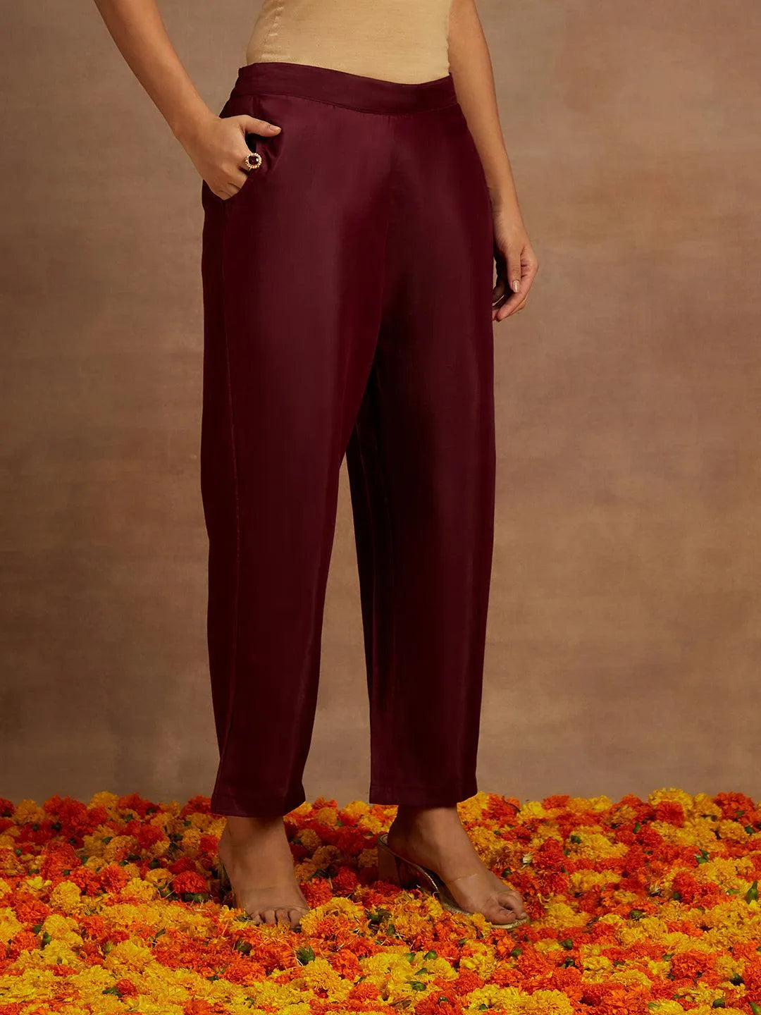 Anouk Wine Woven Design Chanderi Silk Straight Suit With Dupatta