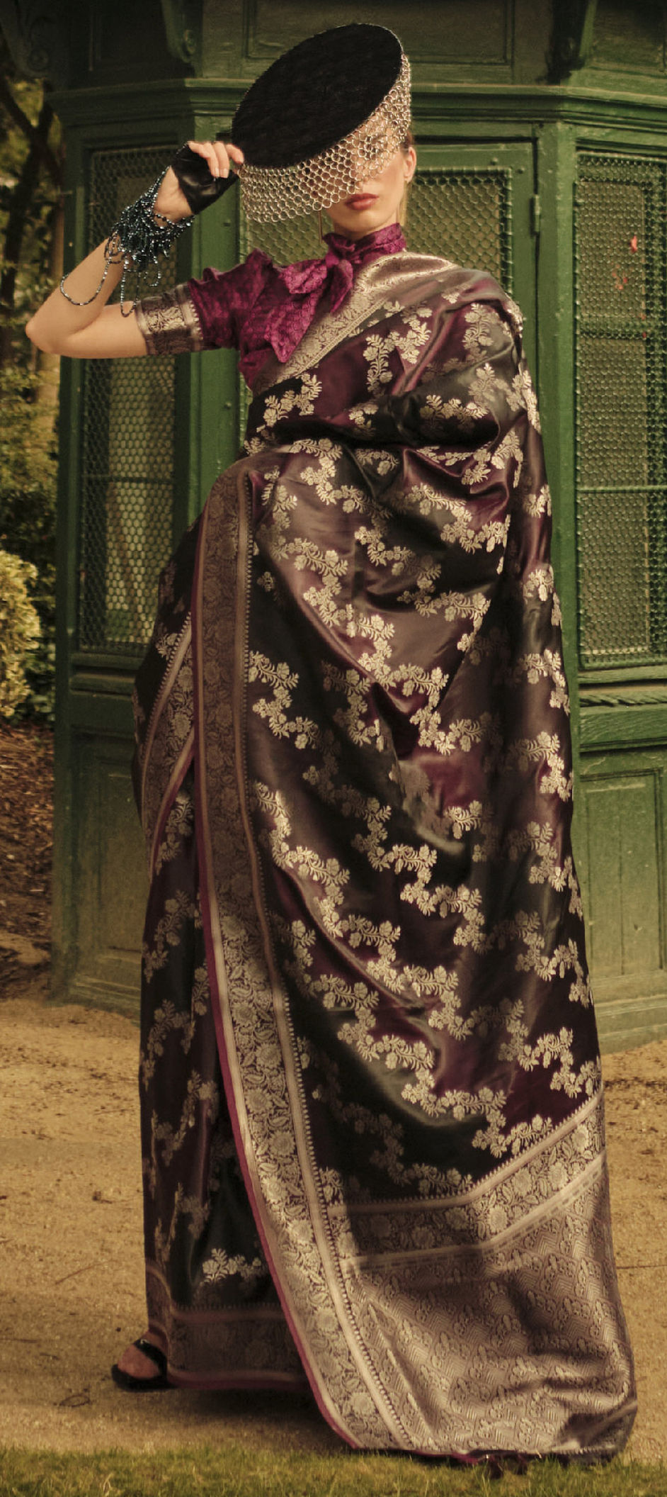 Wine Woven Satin Silk Blend Saree with Tassels – Unstitched Blouse Piece