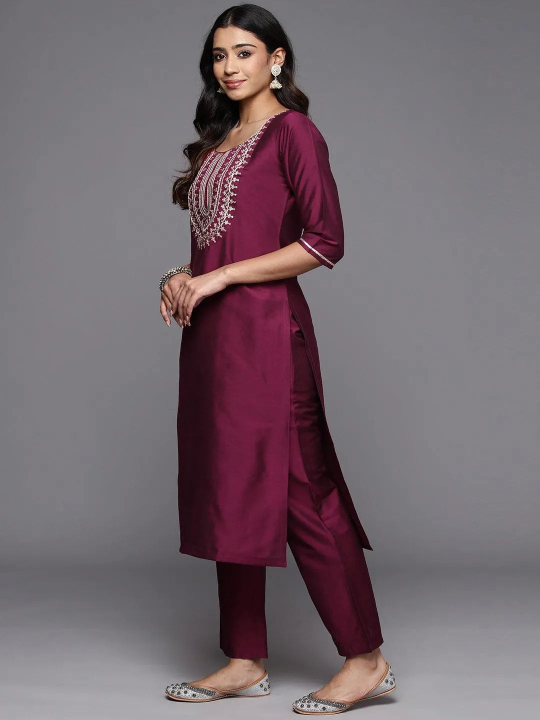 Anouk Wine Yoke Design Silk Blend Straight Suit With Dupatta