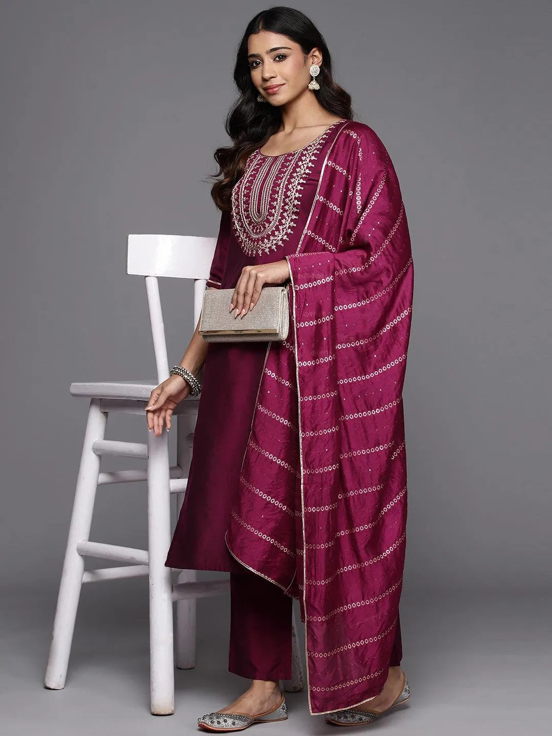 Anouk Wine Yoke Design Silk Blend Straight Suit With Dupatta