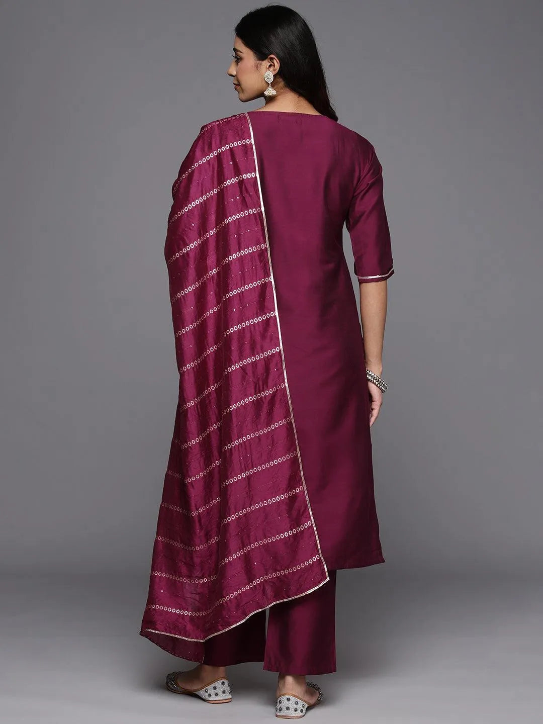 Anouk Wine Yoke Design Silk Blend Straight Suit With Dupatta