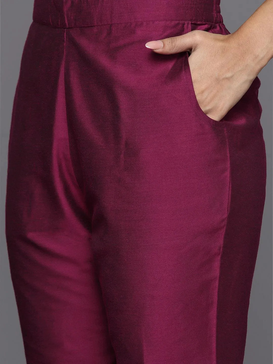 Anouk Wine Yoke Design Silk Blend Straight Suit With Dupatta