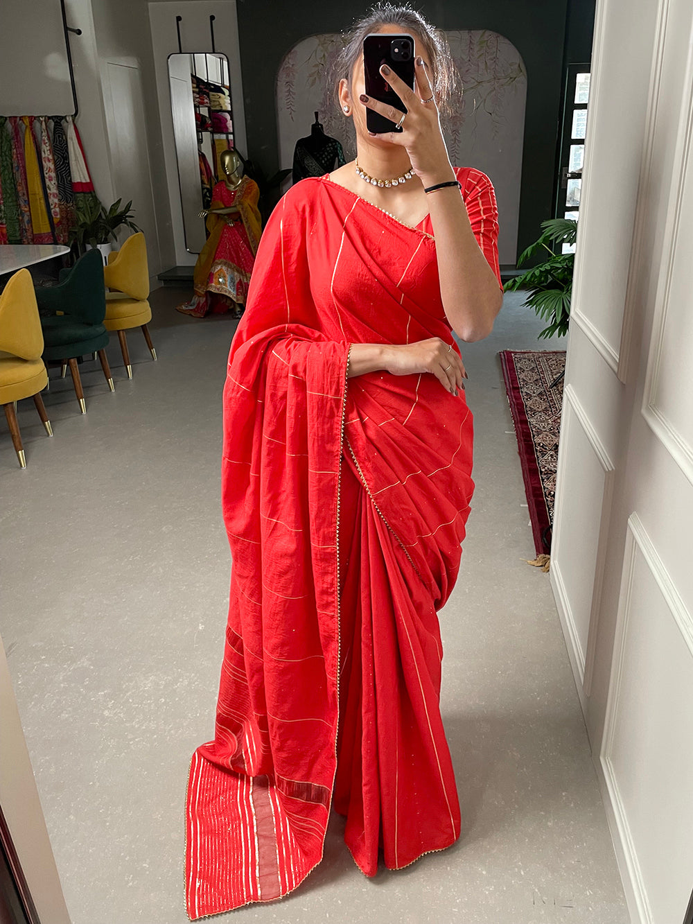 Red Sequins And Zari Work Viscose Chanderi Saree