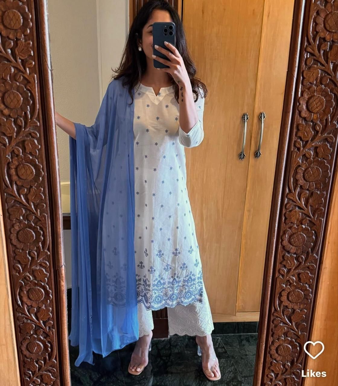 Women Cotton Flex Kurta Plazzo Set with Blue Embroidery & Dupatta