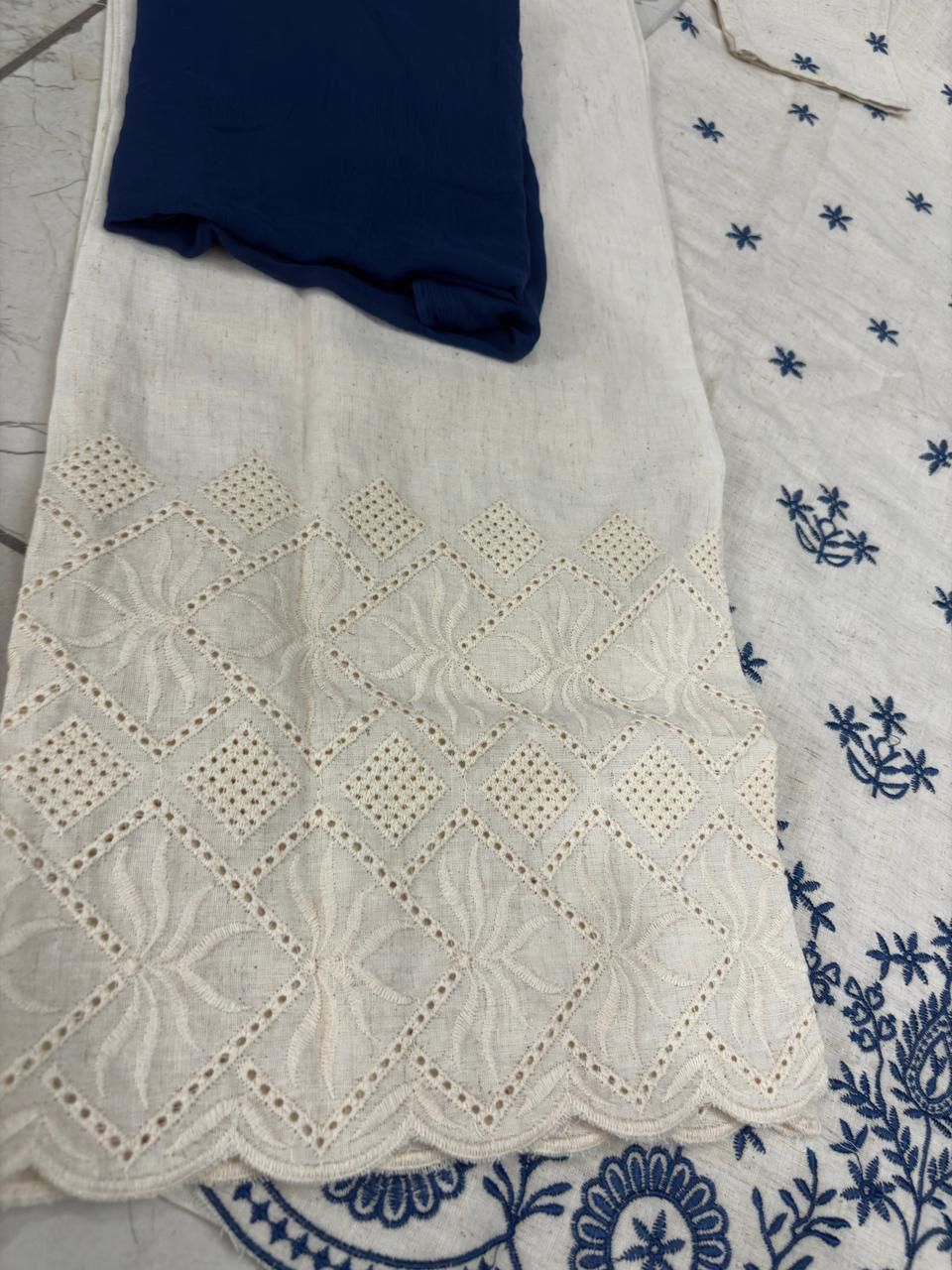 Women Cotton Flex Kurta Plazzo Set with Blue Embroidery & Dupatta