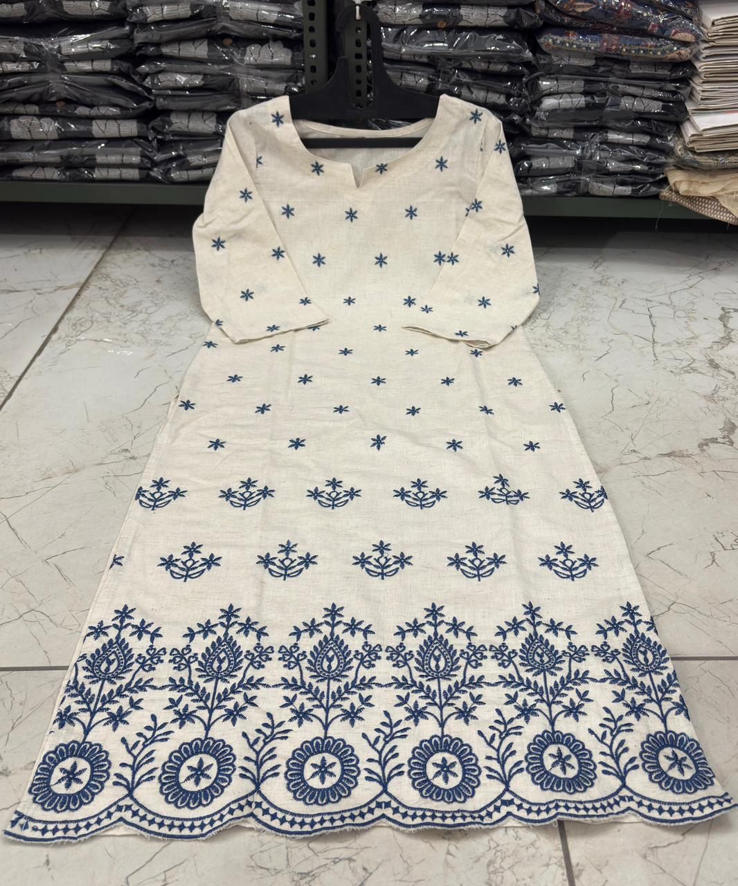 Women Cotton Flex Kurta Plazzo Set with Blue Embroidery & Dupatta