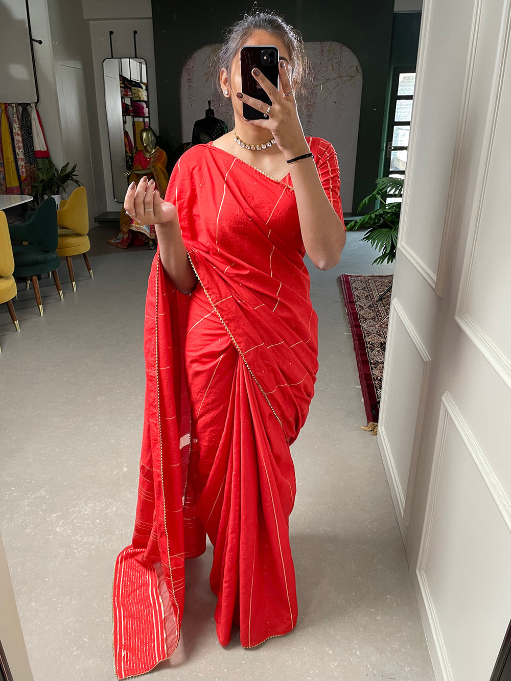 Red Sequins And Zari Work Viscose Chanderi Saree