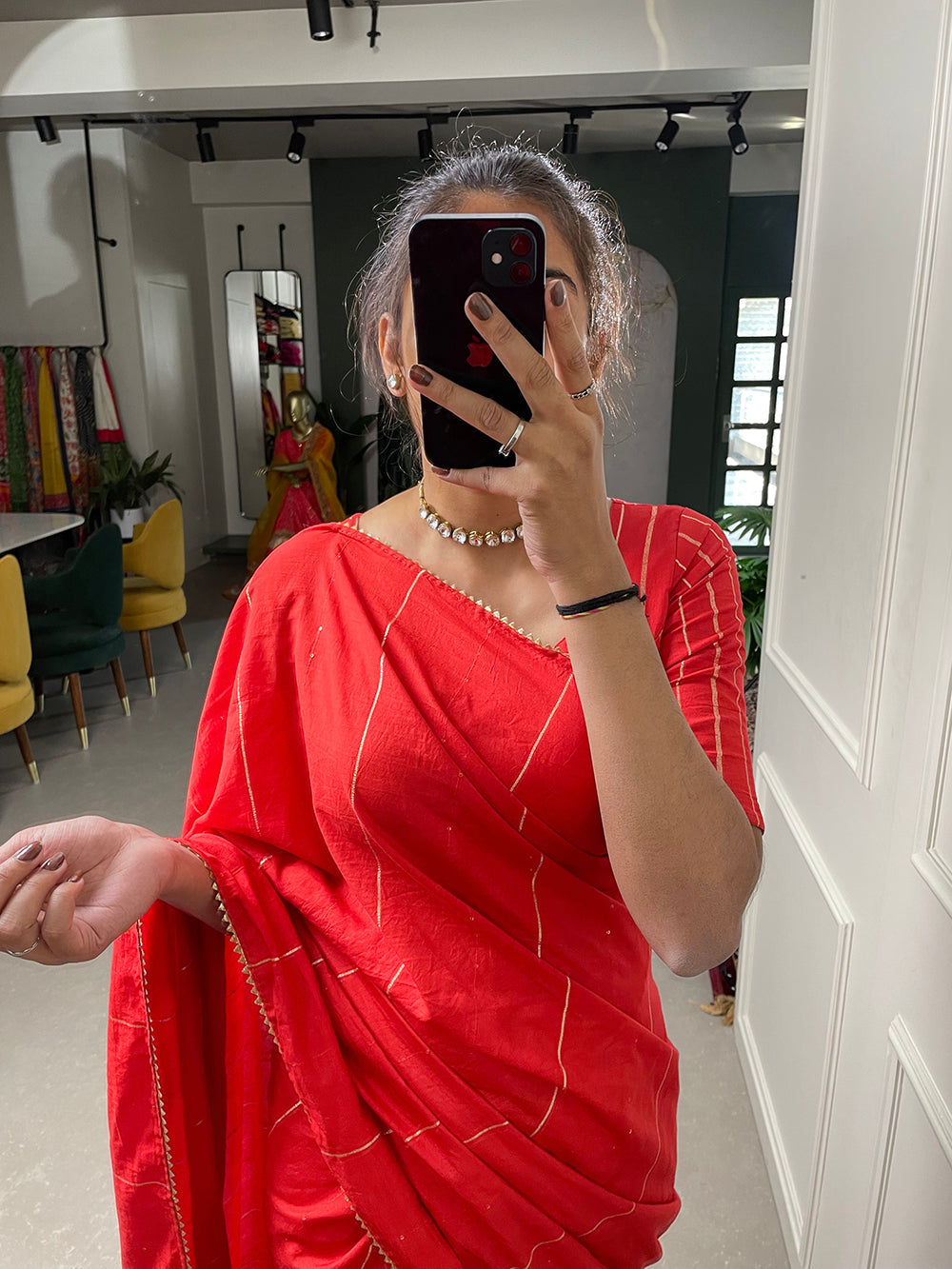 Red Sequins And Zari Work Viscose Chanderi Saree