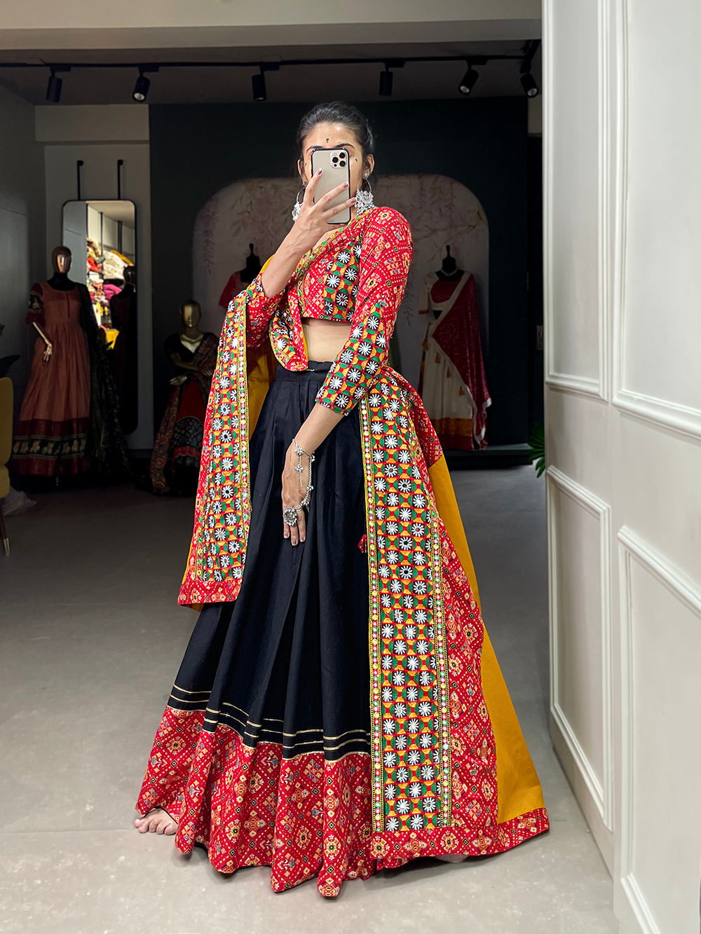 Red Color Digital Printed And Gamthi Work Cotton Chaniya Choli