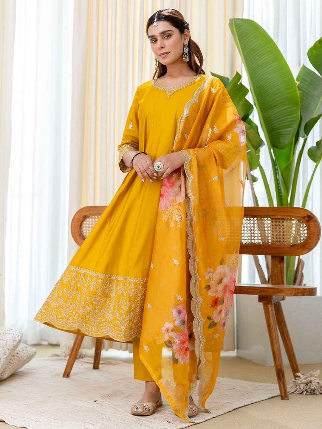 Embroidered A-Line Silk Blend Kurta Pant Set with Organza Dupatta for Women
