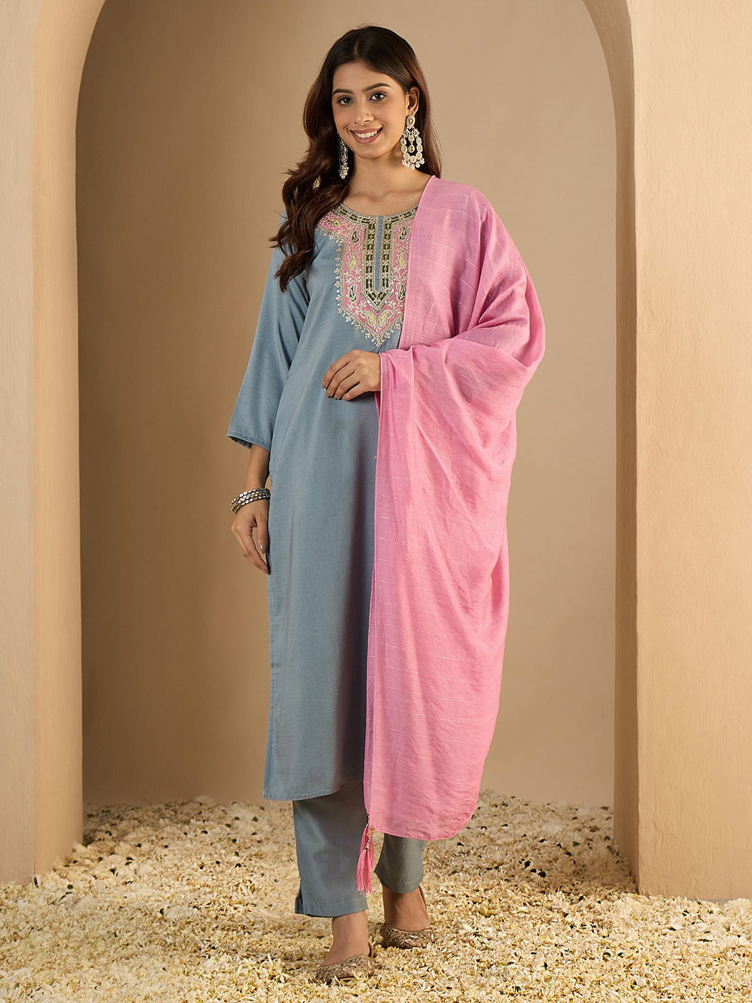 Women’s Viscose Silk Embroidered Straight Kurta Pant with Chanderi Dupatta Set