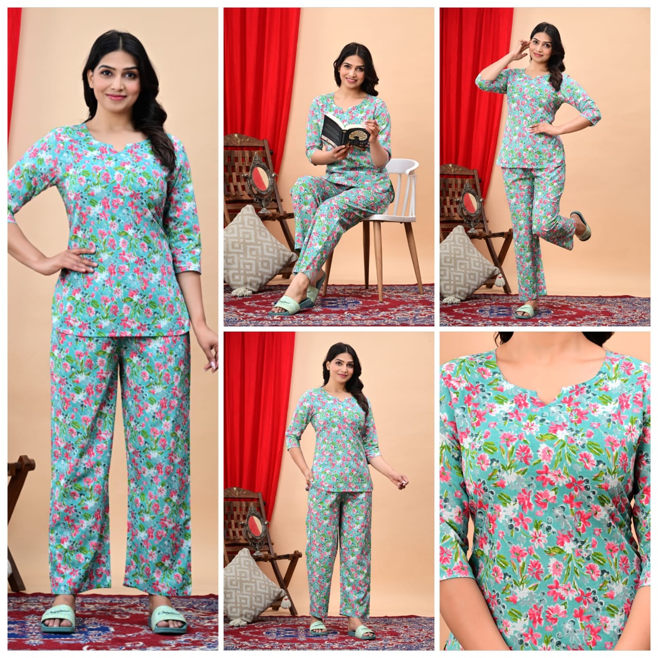 Women's Cotton Night Suit Set with Pocketed Pyjama