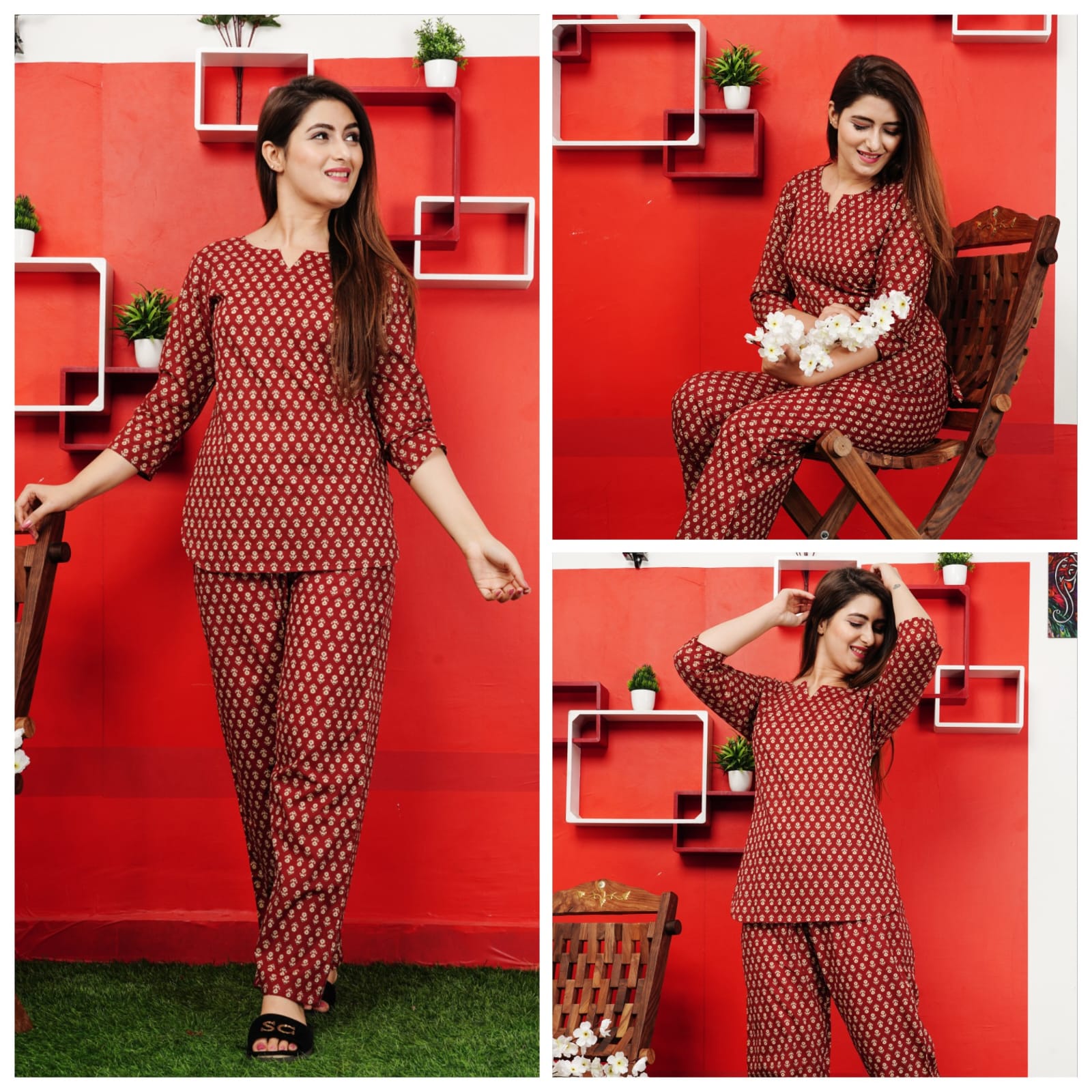 Women's Cotton Night Suit Set with Pocketed Pyjama