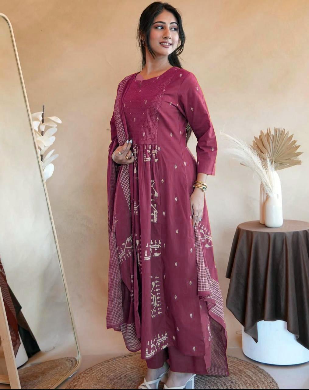 Flared Anarkali Cotton Kurta Pant Set with Malmal Dupatta for Women