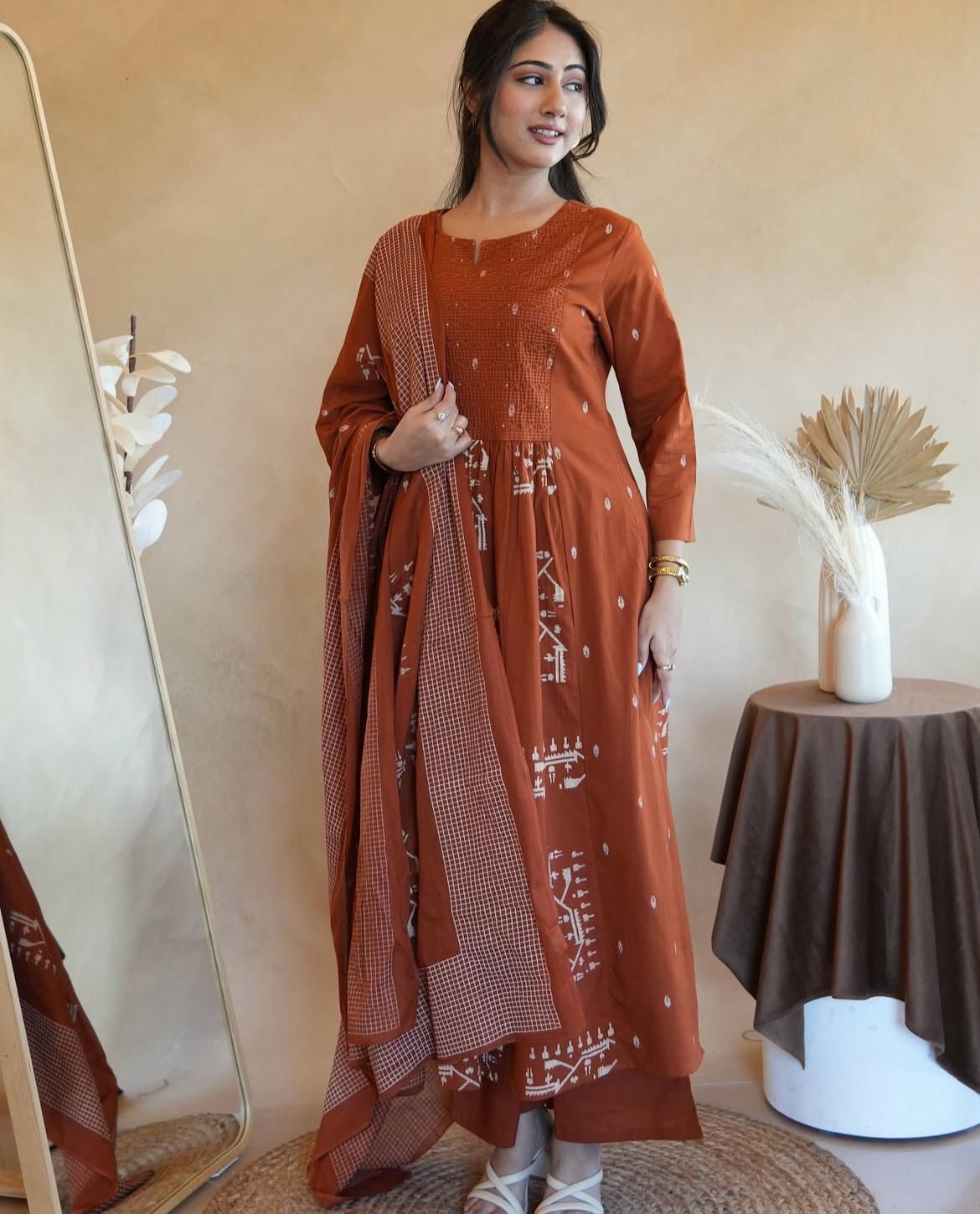 Flared Anarkali Cotton Kurta Pant Set with Malmal Dupatta for Women