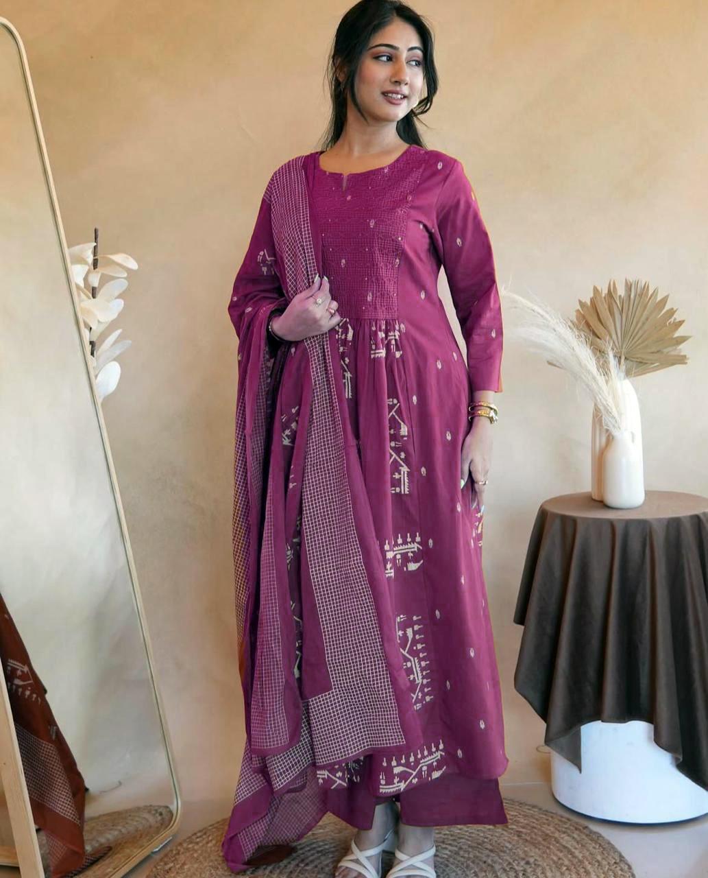Flared Anarkali Cotton Kurta Pant Set with Malmal Dupatta for Women
