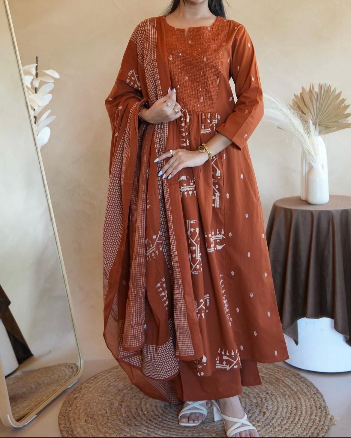 Flared Anarkali Cotton Kurta Pant Set with Malmal Dupatta for Women