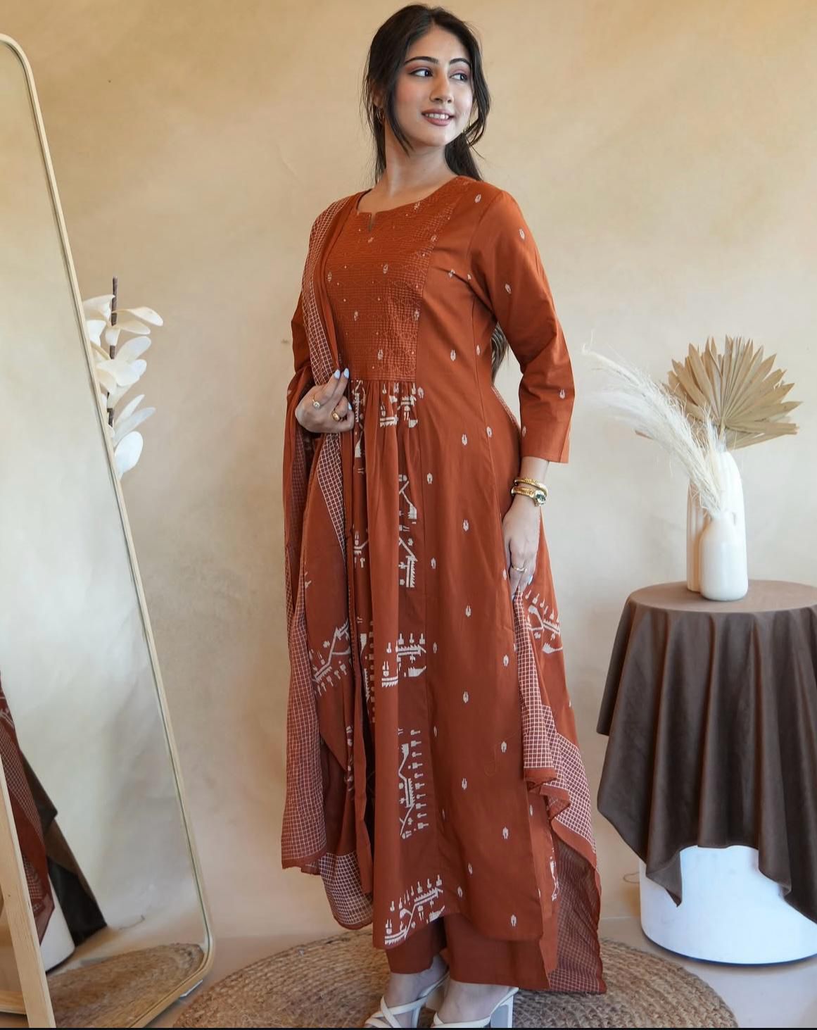 Flared Anarkali Cotton Kurta Pant Set with Malmal Dupatta for Women