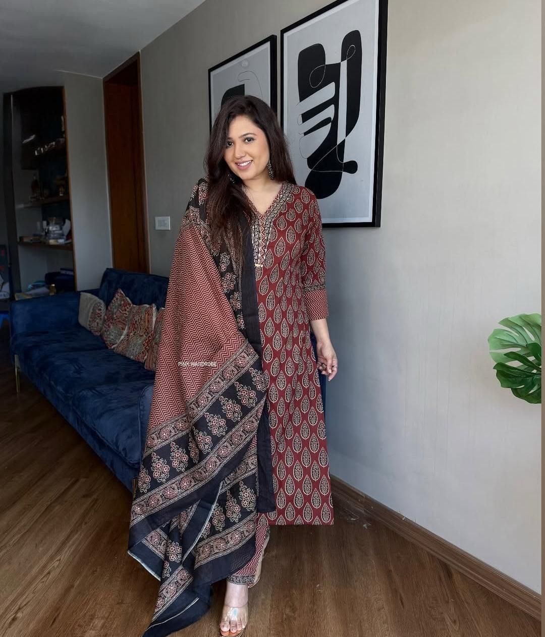 Women's Printed Cotton Kurta Set with Pant & Dupatta - Yoke Work Detail