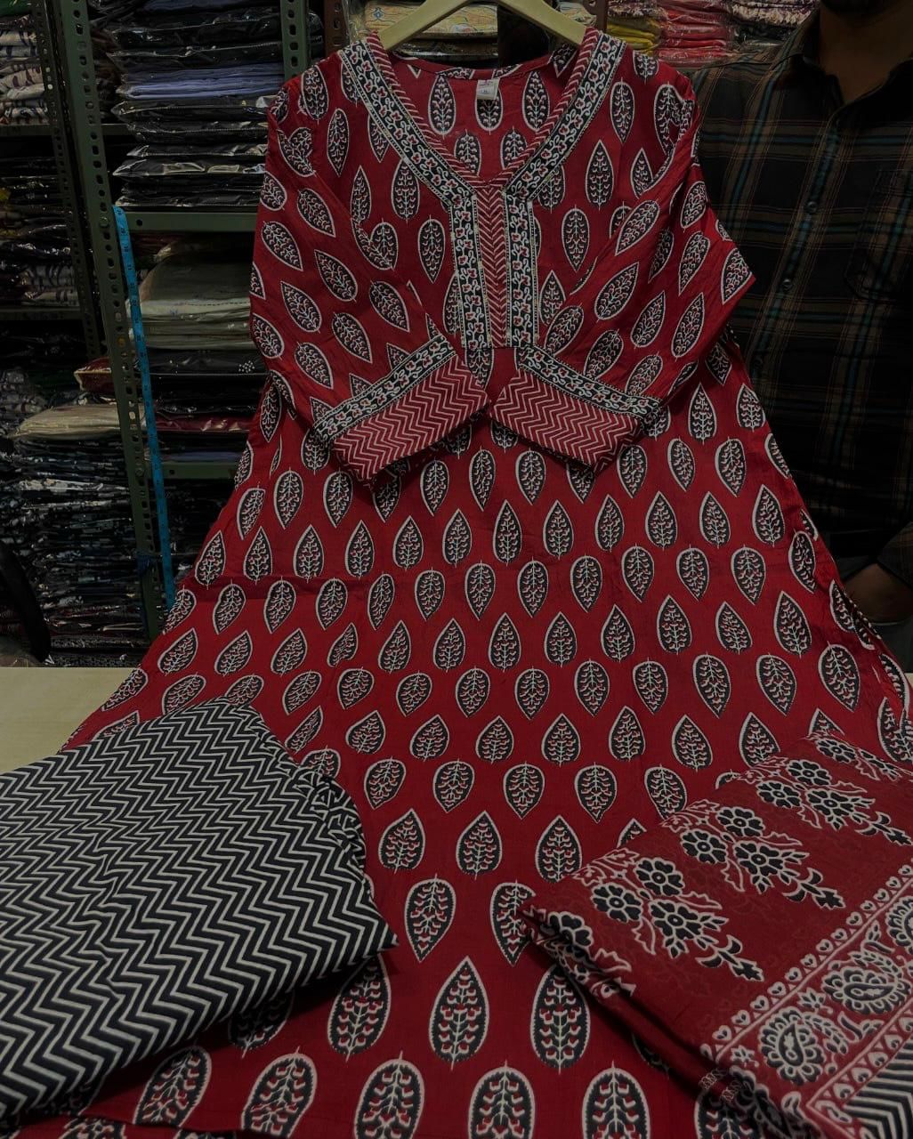 Women's Printed Cotton Kurta Set with Pant & Dupatta - Yoke Work Detail
