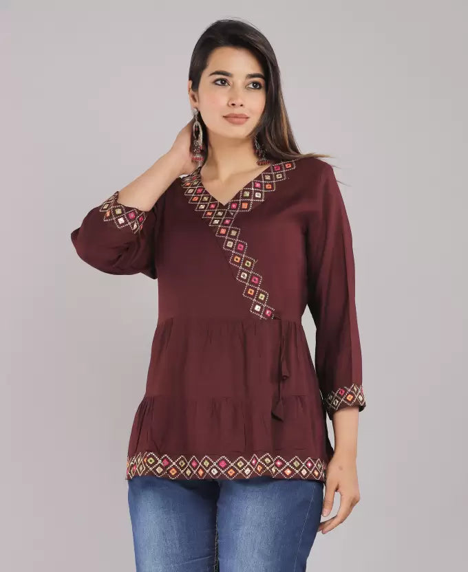 Embroidered Wine-Colored Rayon Top
