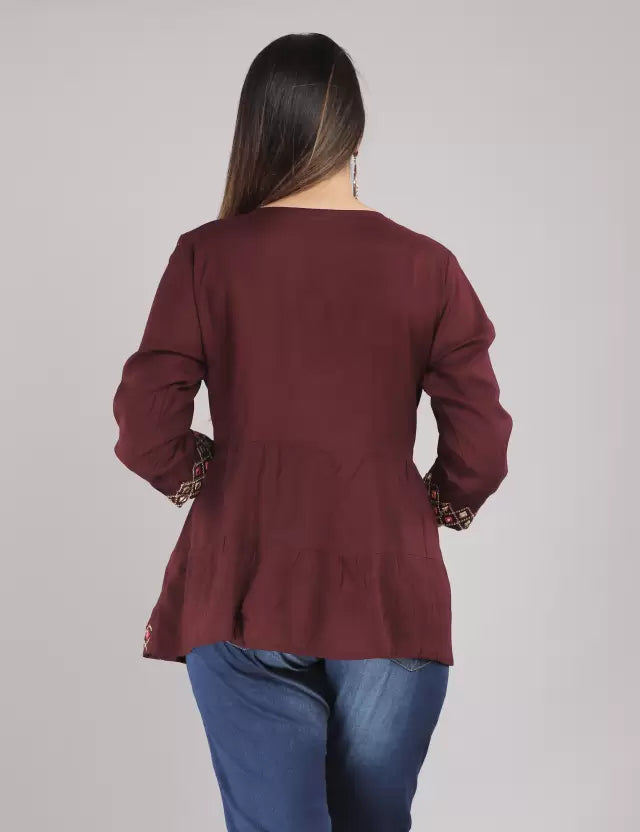 Embroidered Wine-Colored Rayon Top