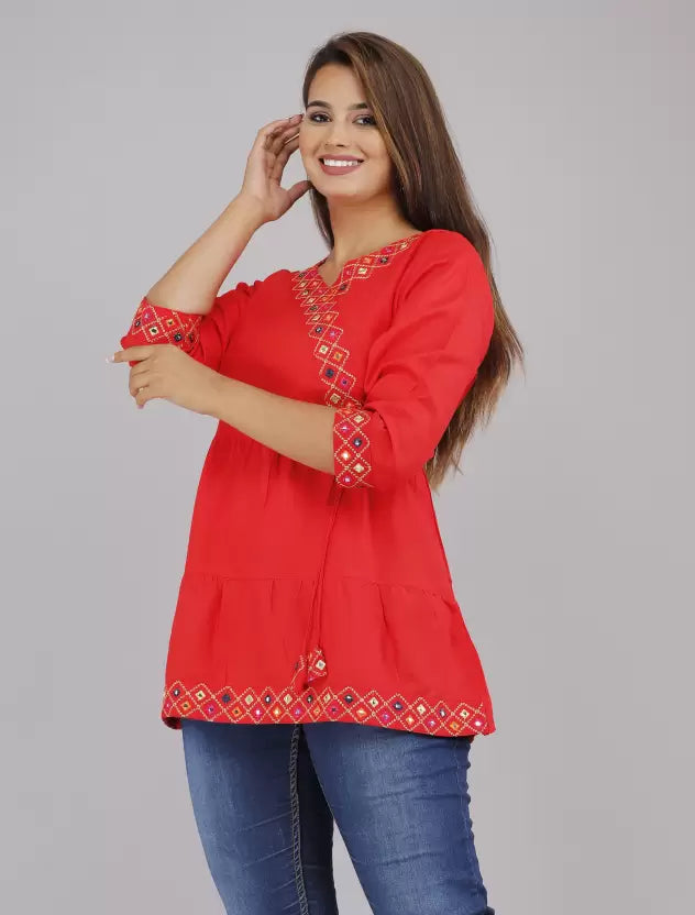 Red Rayon Top with Embroidery Work - Length 30