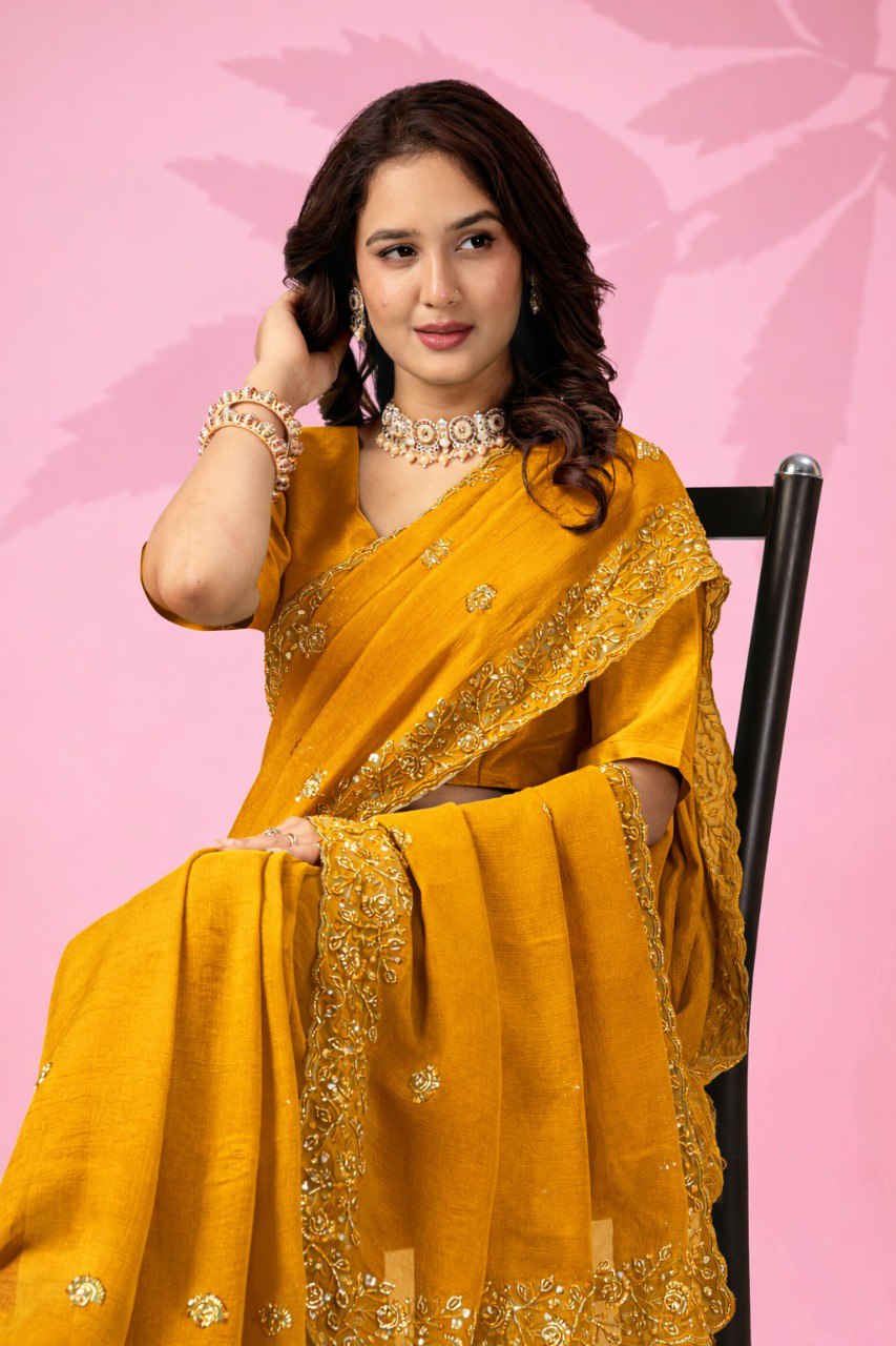 Yellow Art Silk Saree with Sequins Work