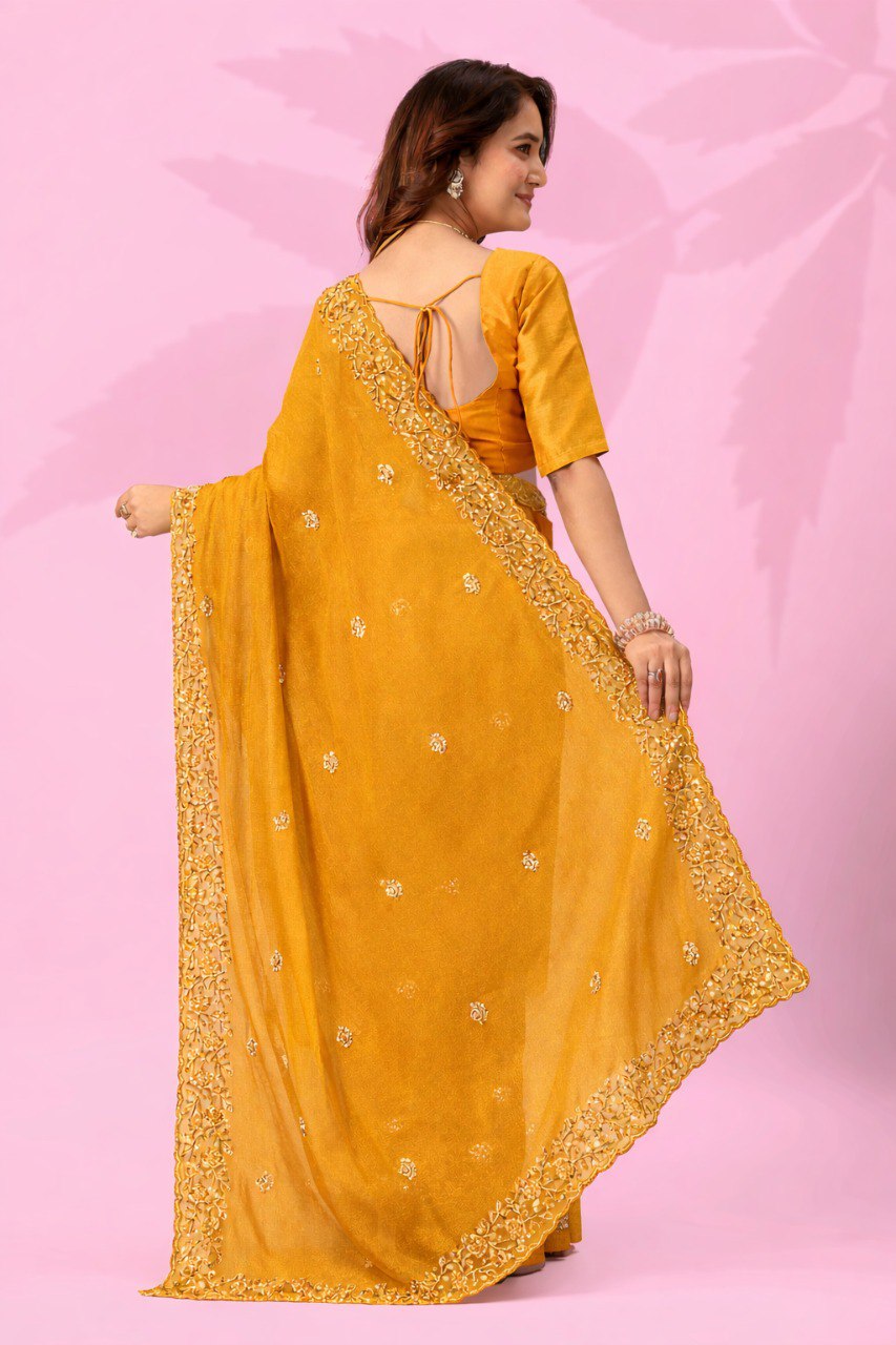 Yellow Art Silk Saree with Sequins Work