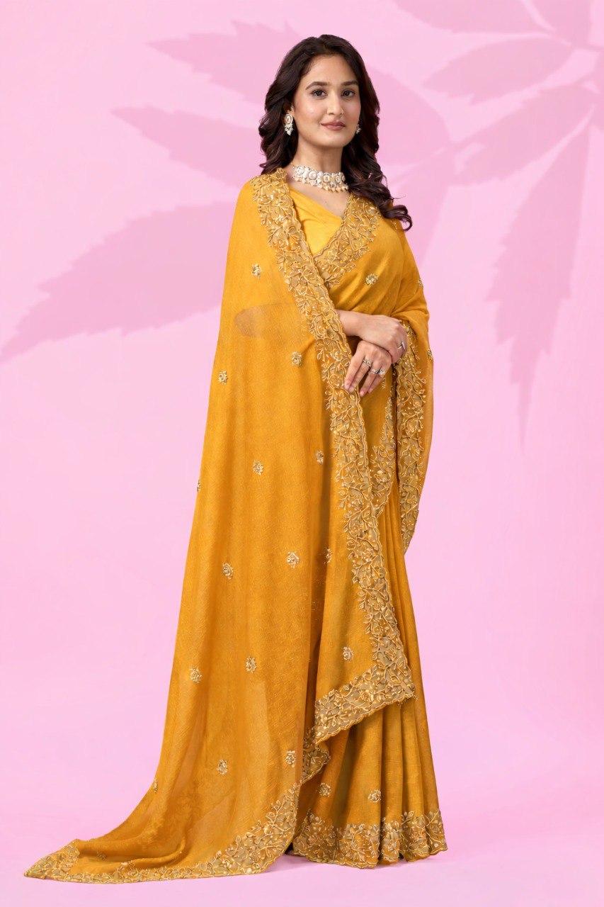Yellow Art Silk Saree with Sequins Work