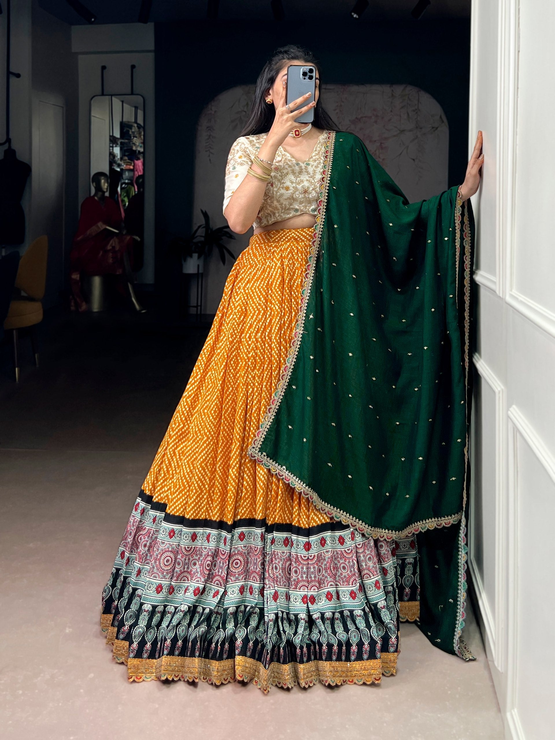 Yellow Bandhej & Ajrakh Printed Lehenga Choli Set