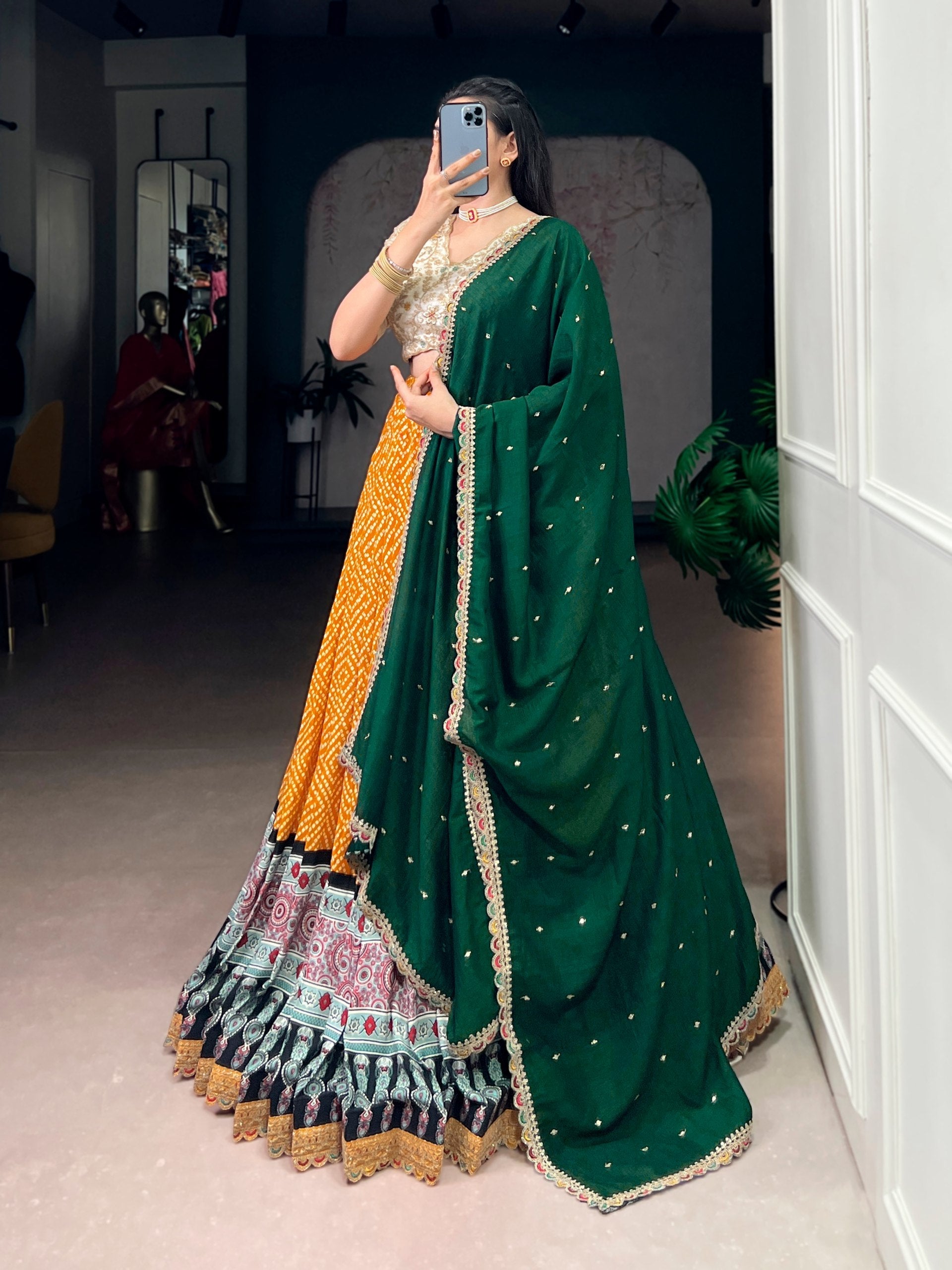 Yellow Bandhej & Ajrakh Printed Lehenga Choli Set