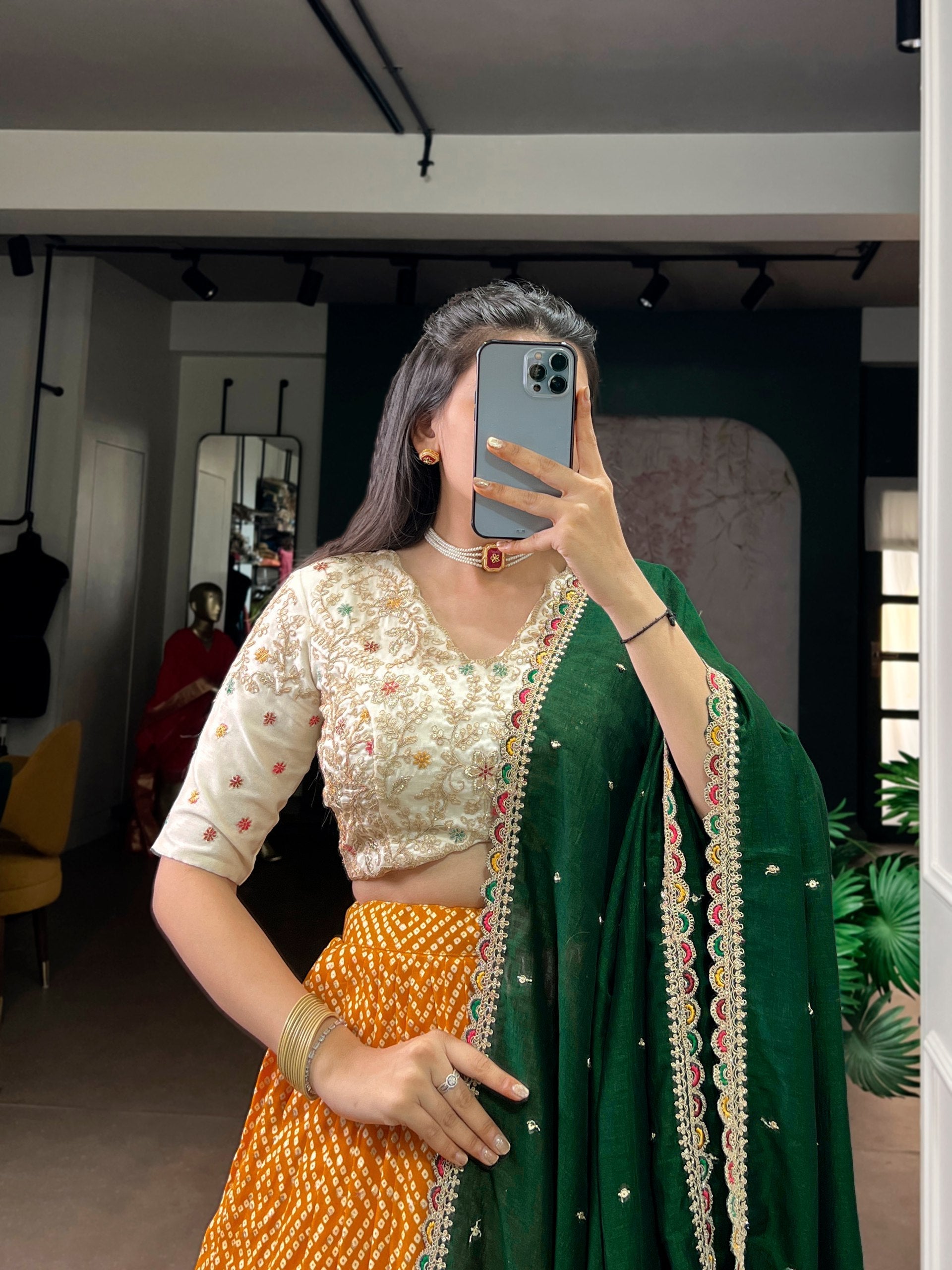 Yellow Bandhej & Ajrakh Printed Lehenga Choli Set