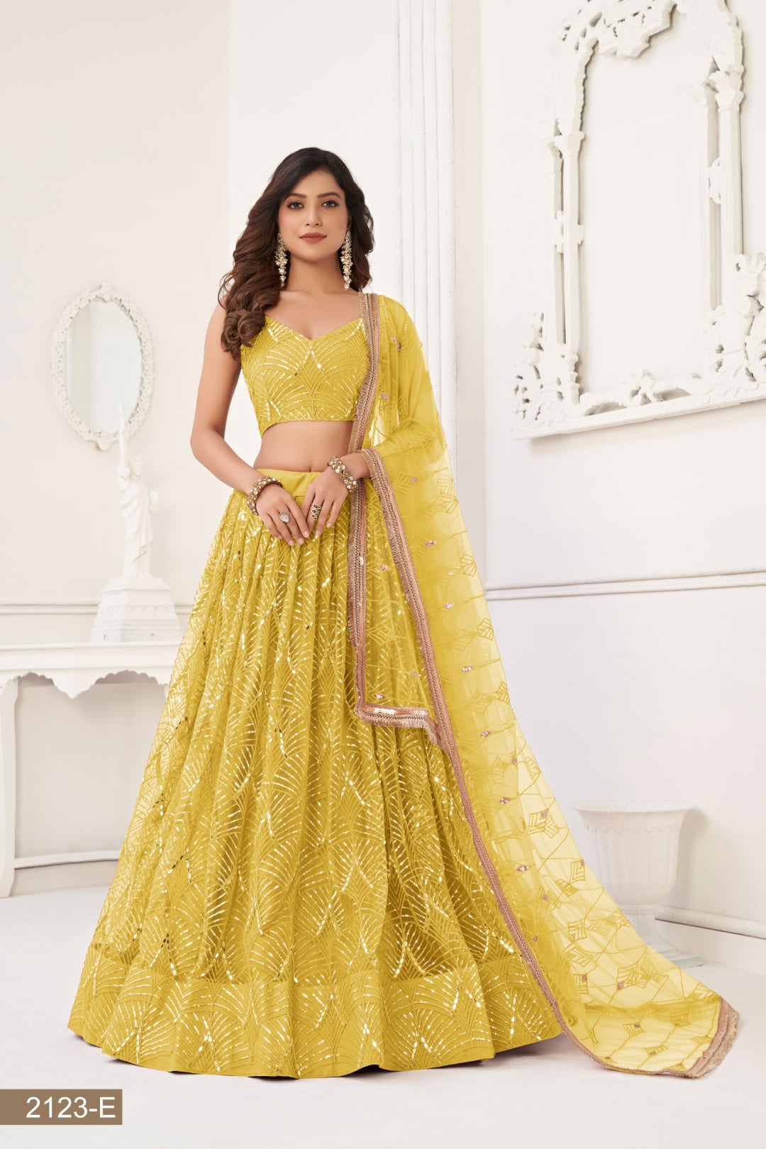 Yellow Butterfly Net Lehenga with Tone-to-Tone Thread Work and Mirror Embroidery