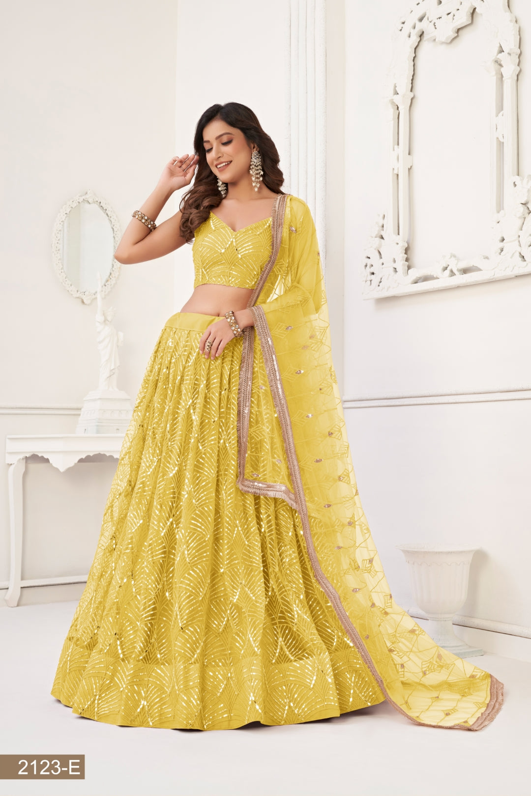 Yellow Butterfly Net Lehenga with Tone-to-Tone Thread Work and Mirror Embroidery