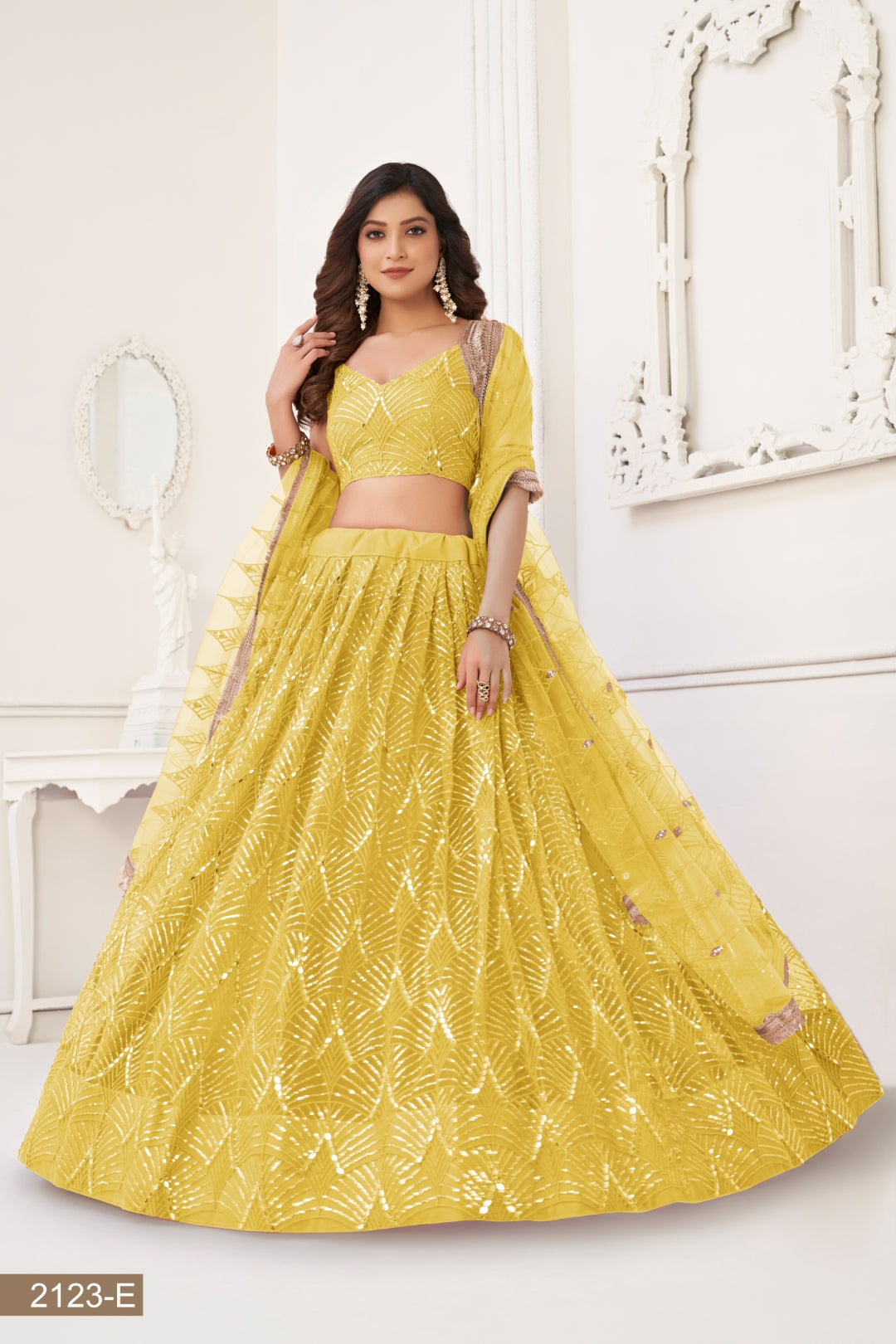 Yellow Butterfly Net Lehenga with Tone-to-Tone Thread Work and Mirror Embroidery