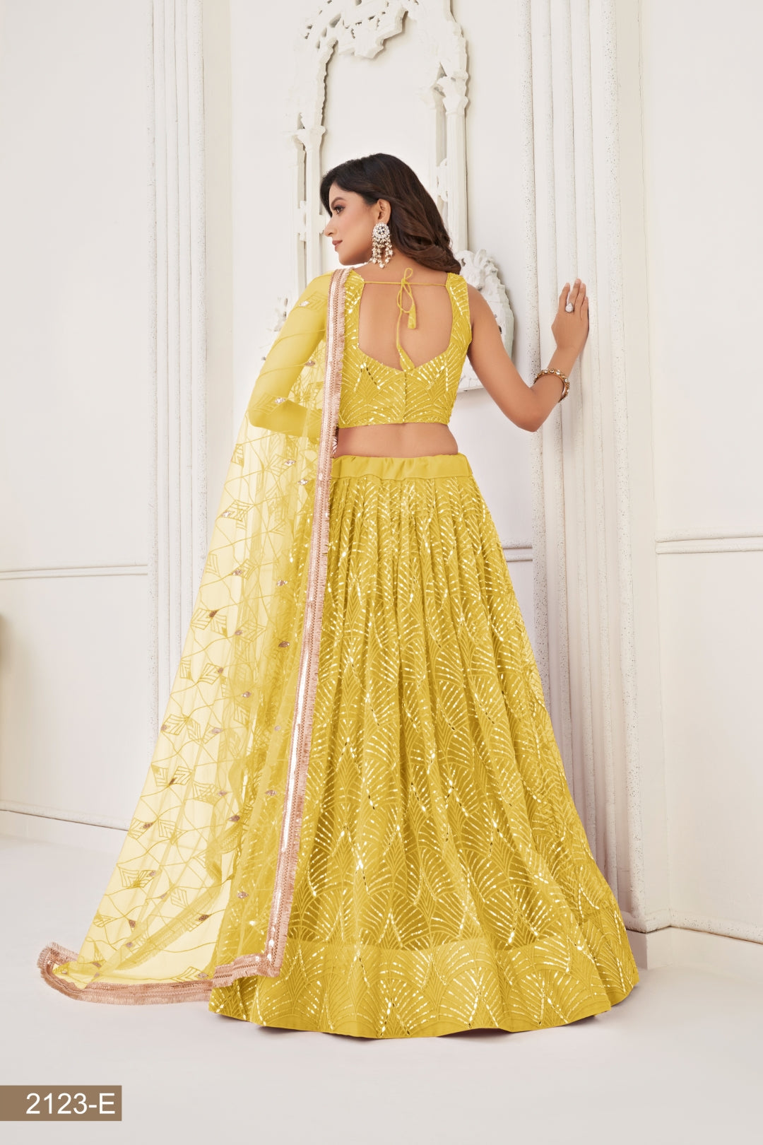 Yellow Butterfly Net Lehenga with Tone-to-Tone Thread Work and Mirror Embroidery