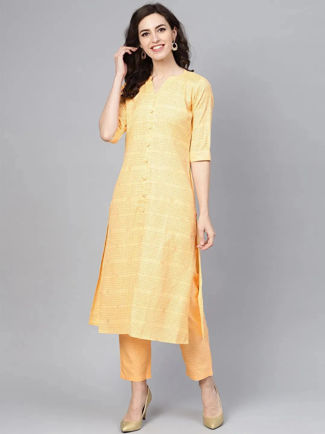 Anouk Yellow Checkered Cotton A-Line Kurta With Trousers