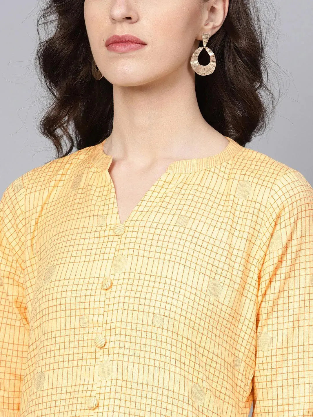 Anouk Yellow Checkered Cotton A-Line Kurta With Trousers