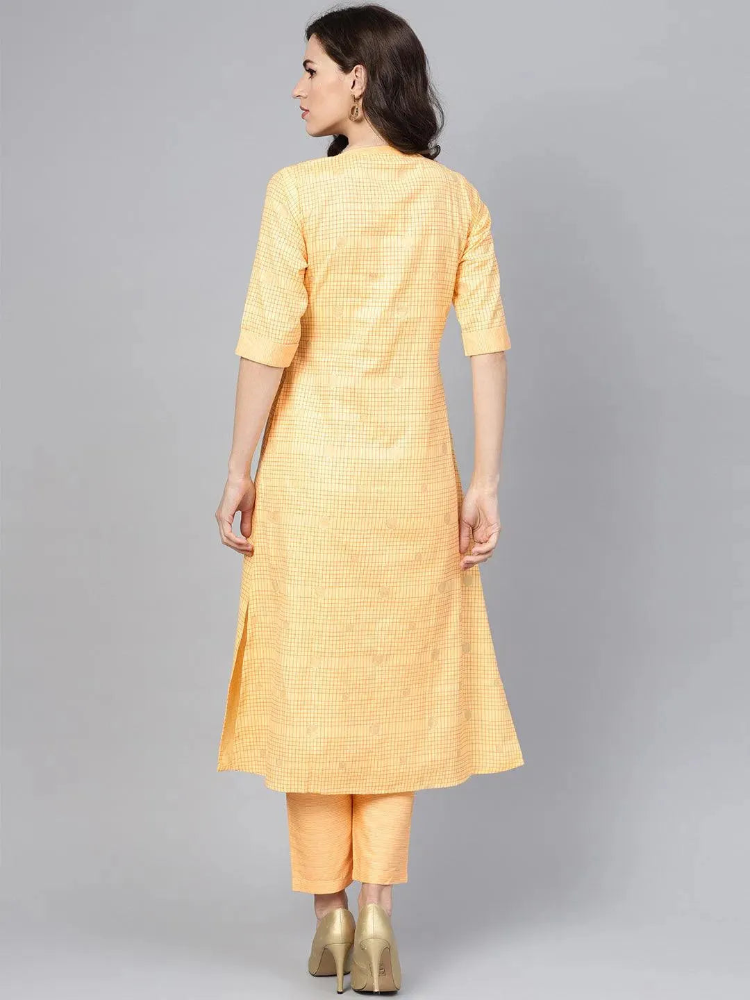 Anouk Yellow Checkered Cotton A-Line Kurta With Trousers