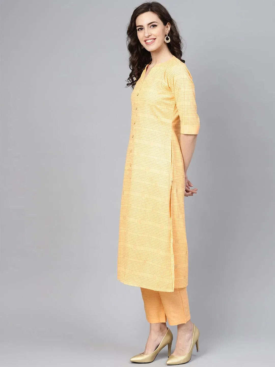 Anouk Yellow Checkered Cotton A-Line Kurta With Trousers
