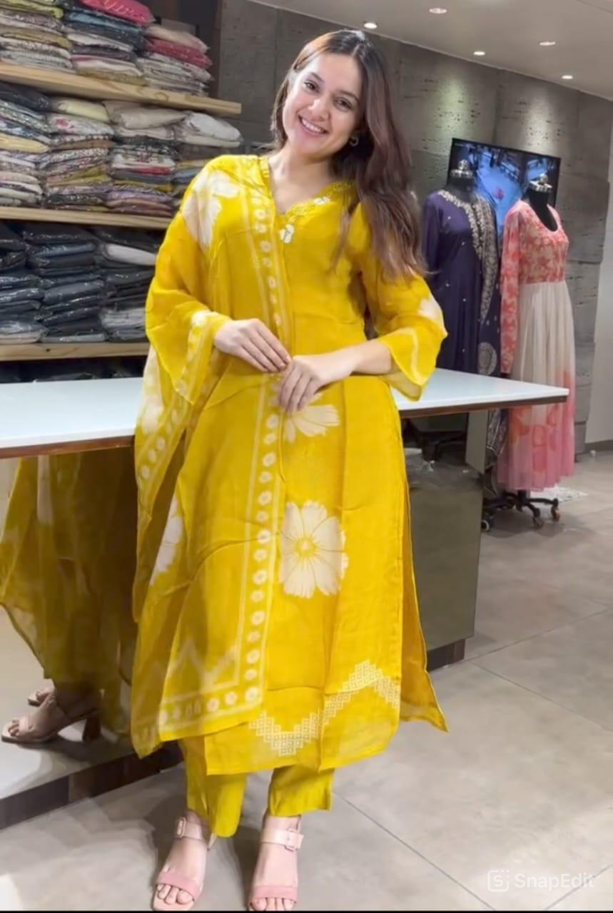 Yellow Cotton Floral Print Kurti Set with Malmal Dupatta & Yoke Work