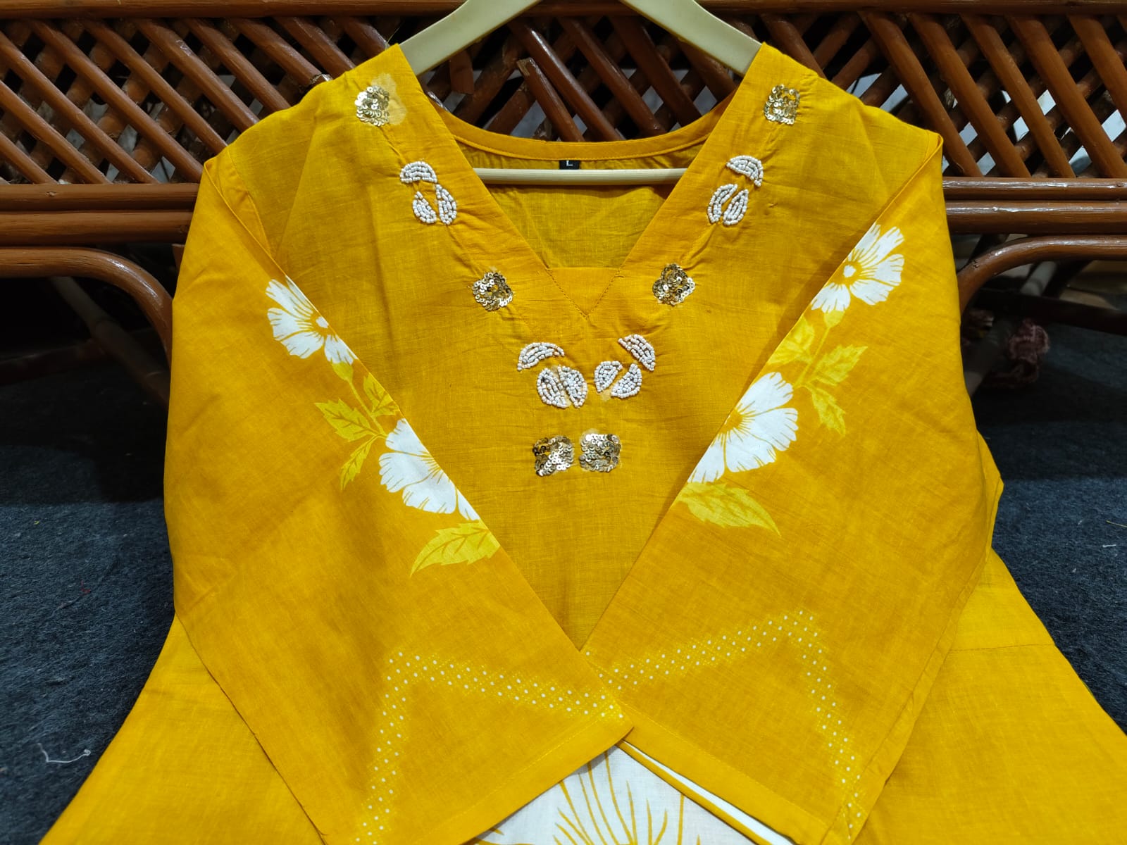 Yellow Cotton Floral Print Kurti Set with Malmal Dupatta & Yoke Work