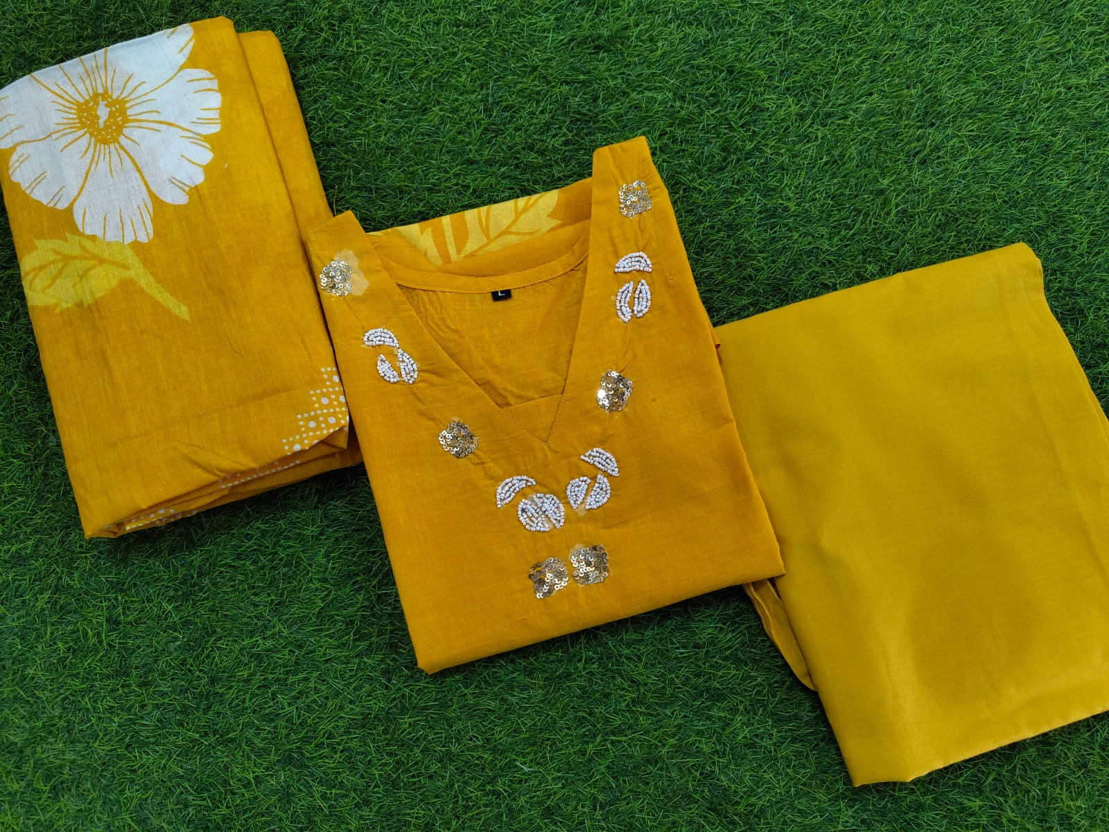 Yellow Cotton Floral Print Kurti Set with Malmal Dupatta & Yoke Work